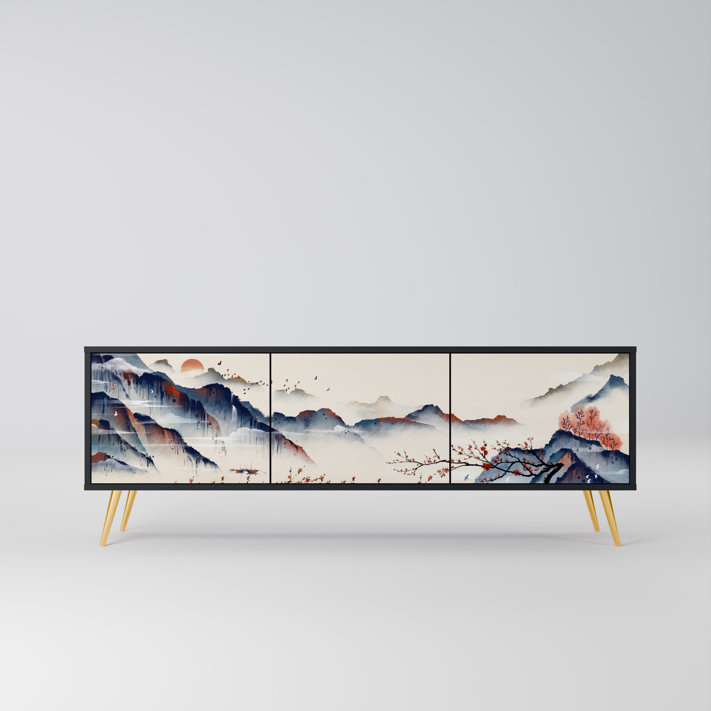 JAPANESE LANDSCAPE 3-Door TV Stand in Black Finish