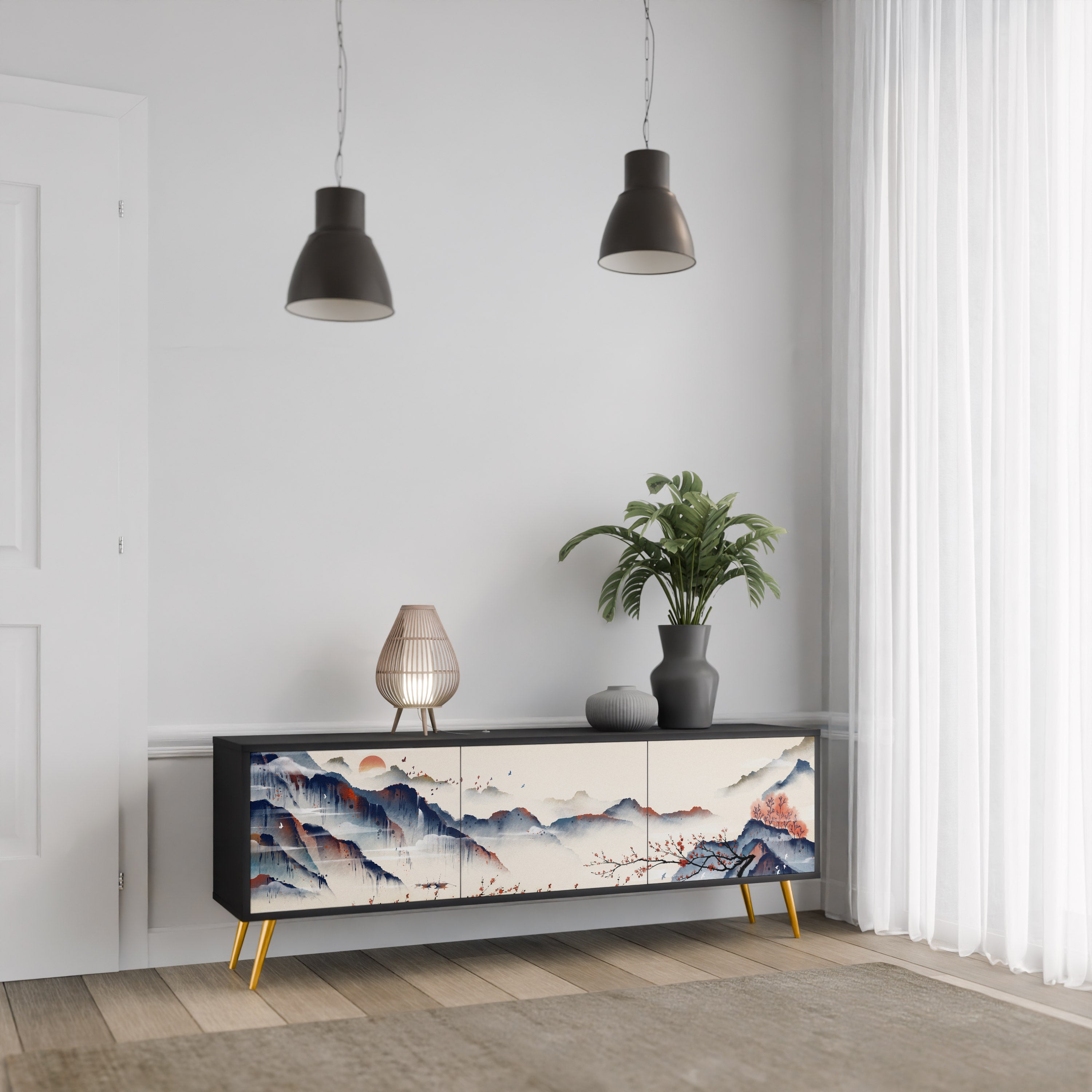 JAPANESE LANDSCAPE 3-Door TV Stand in Black Finish