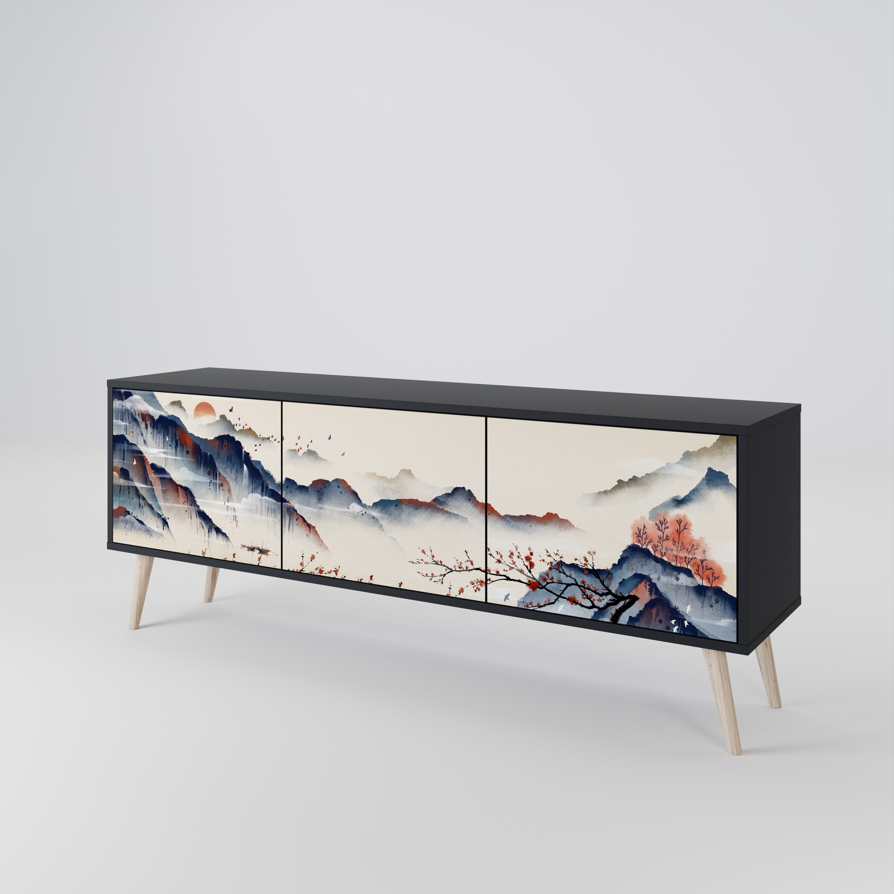JAPANESE LANDSCAPE 3-Door TV Stand in Black Finish