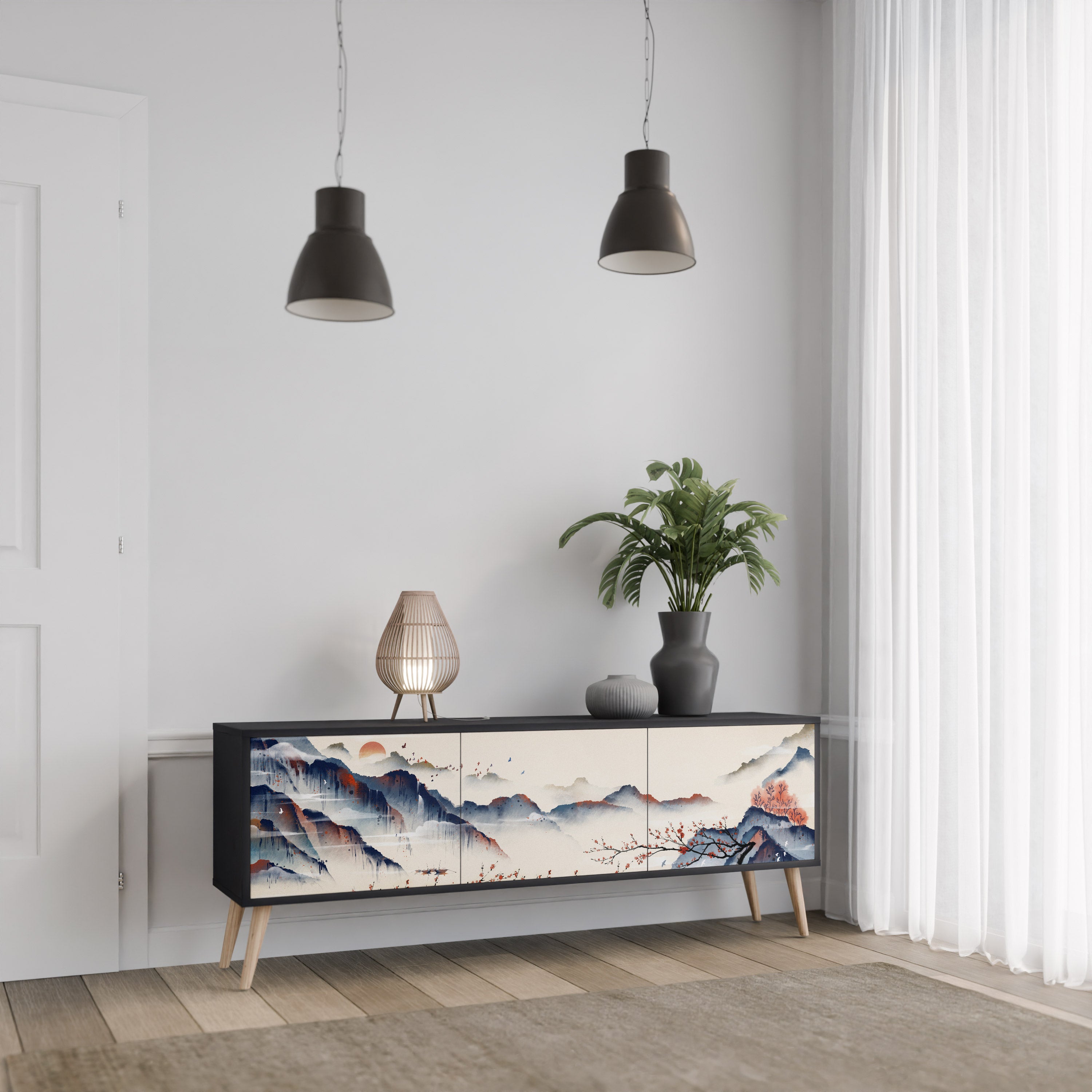 JAPANESE LANDSCAPE 3-Door TV Stand in Black Finish