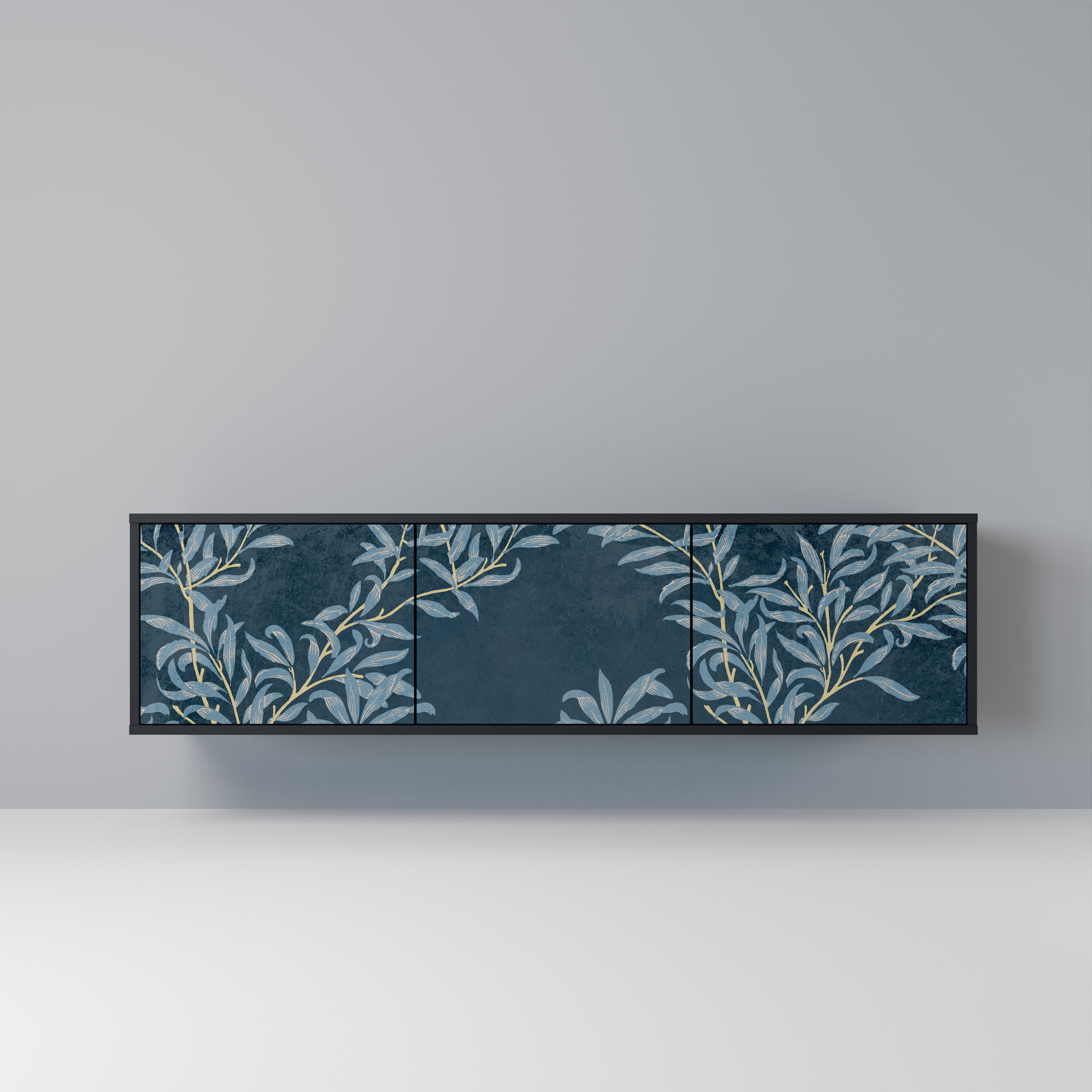Mueble de TV de 3 puertas BLUE LEAVES con acabado negro