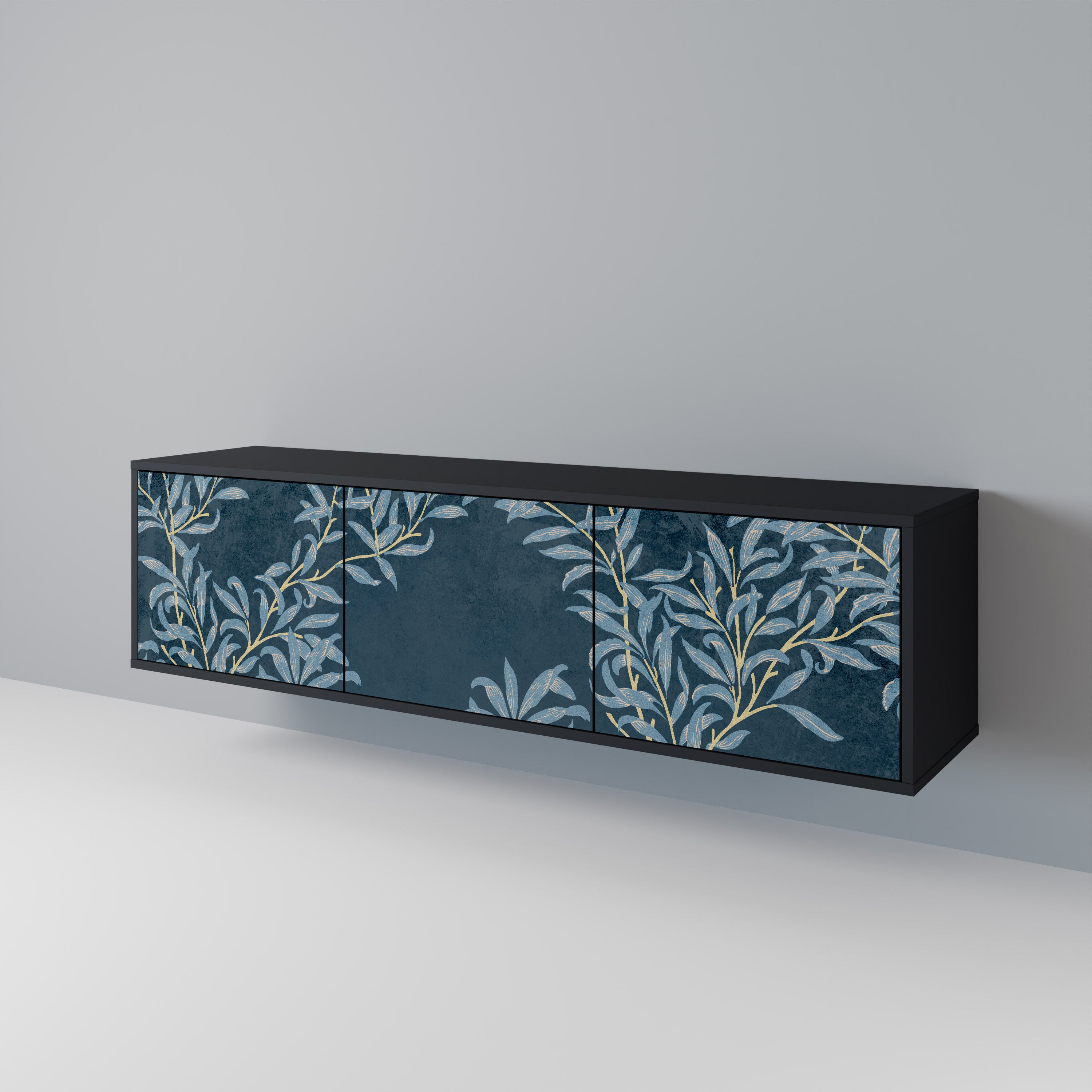 Mueble de TV de 3 puertas BLUE LEAVES con acabado negro