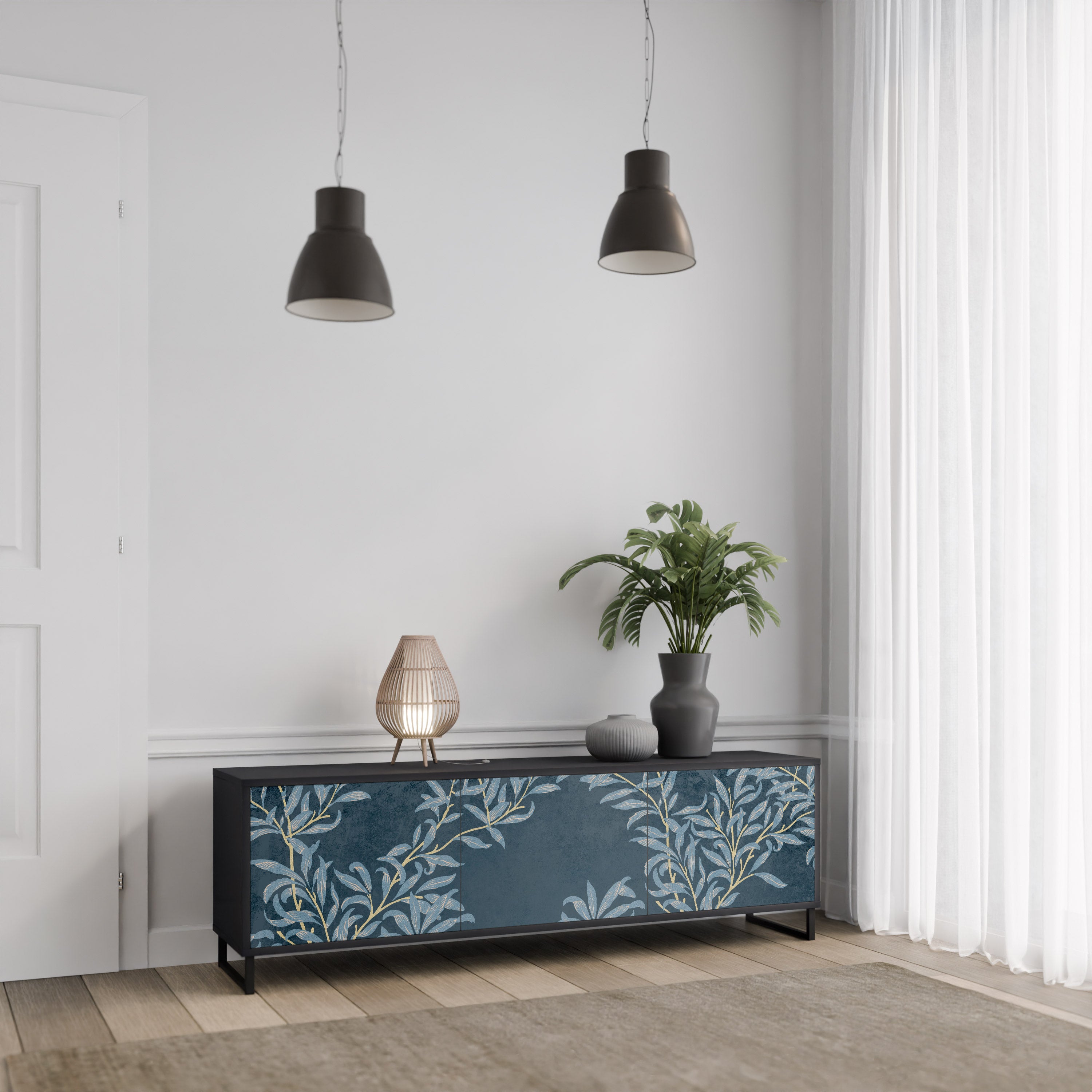 Mueble de TV de 3 puertas BLUE LEAVES con acabado negro