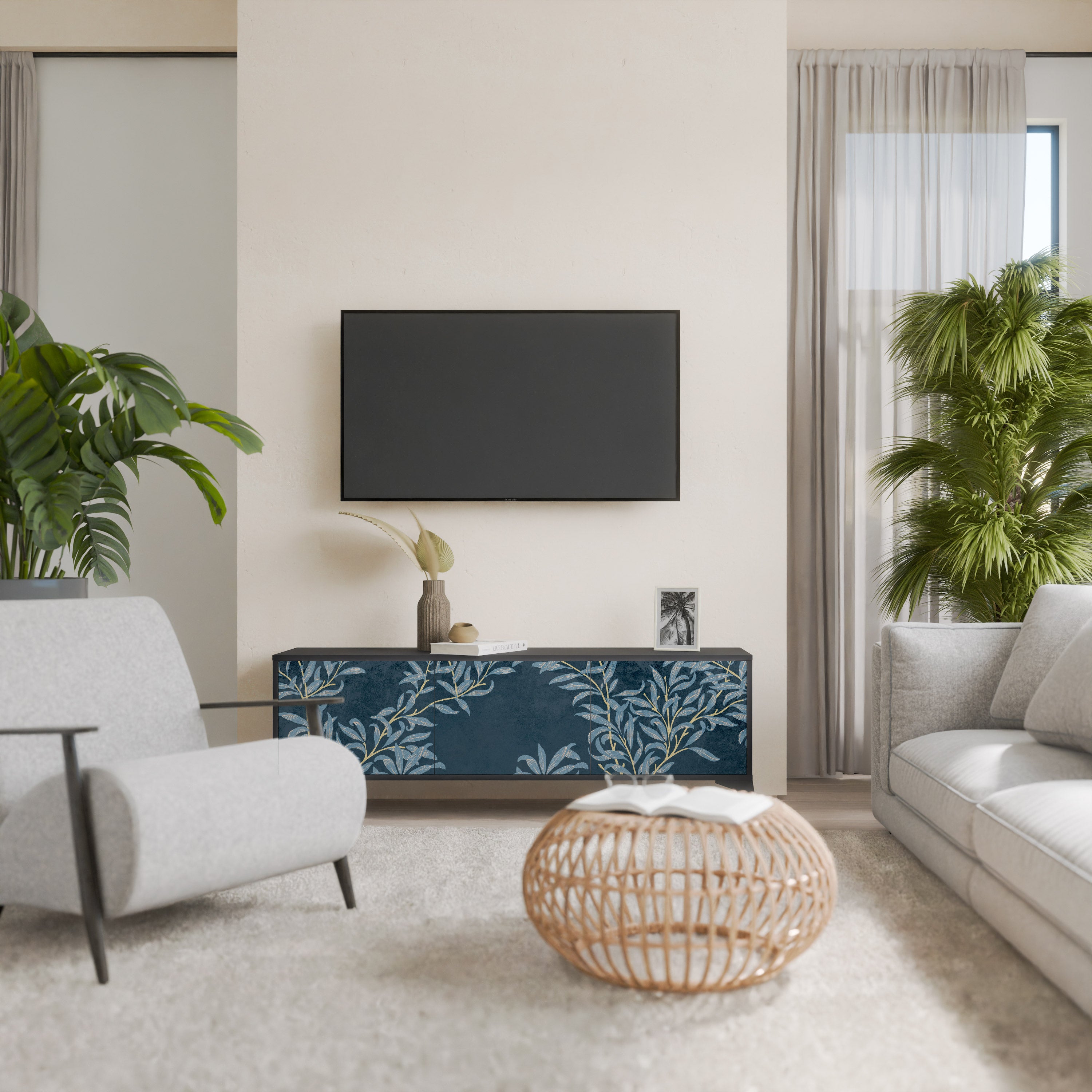 Mueble de TV de 3 puertas BLUE LEAVES con acabado negro