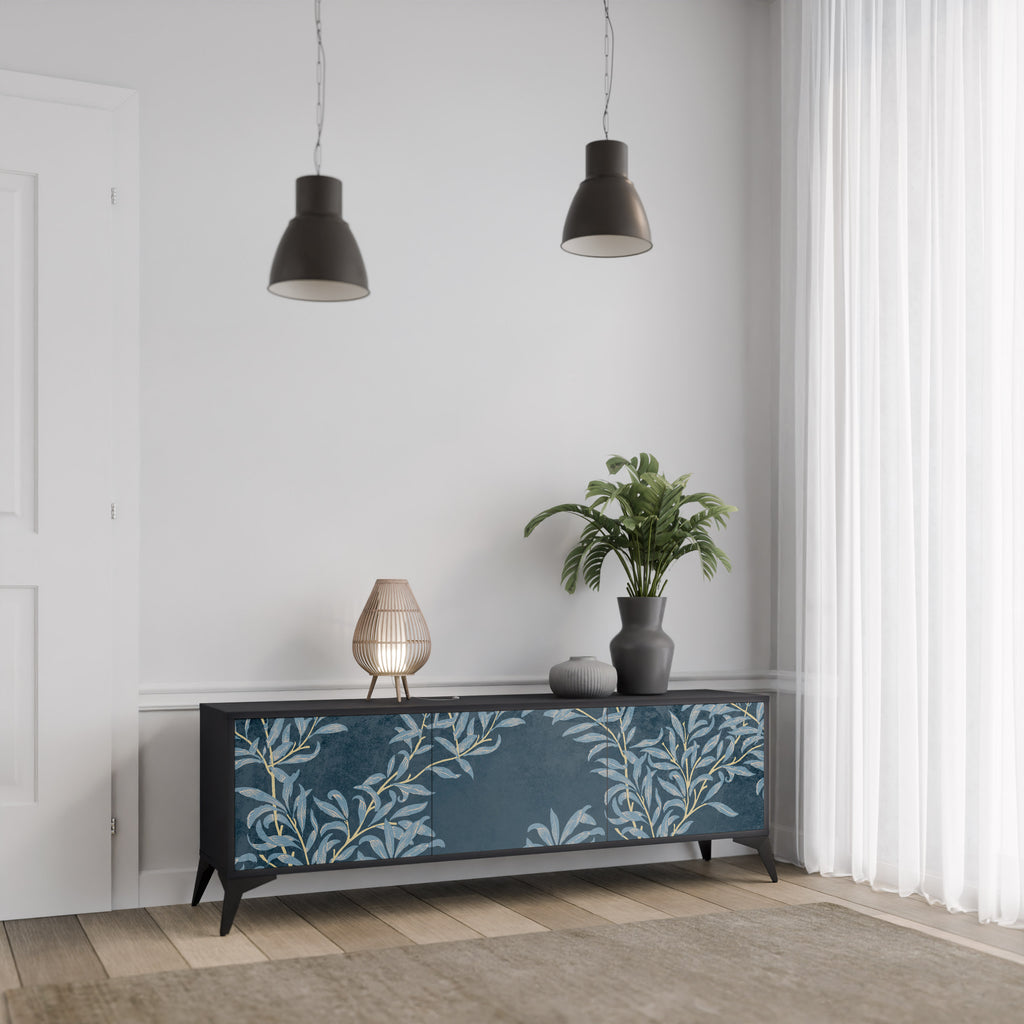Mueble de TV de 3 puertas BLUE LEAVES con acabado negro