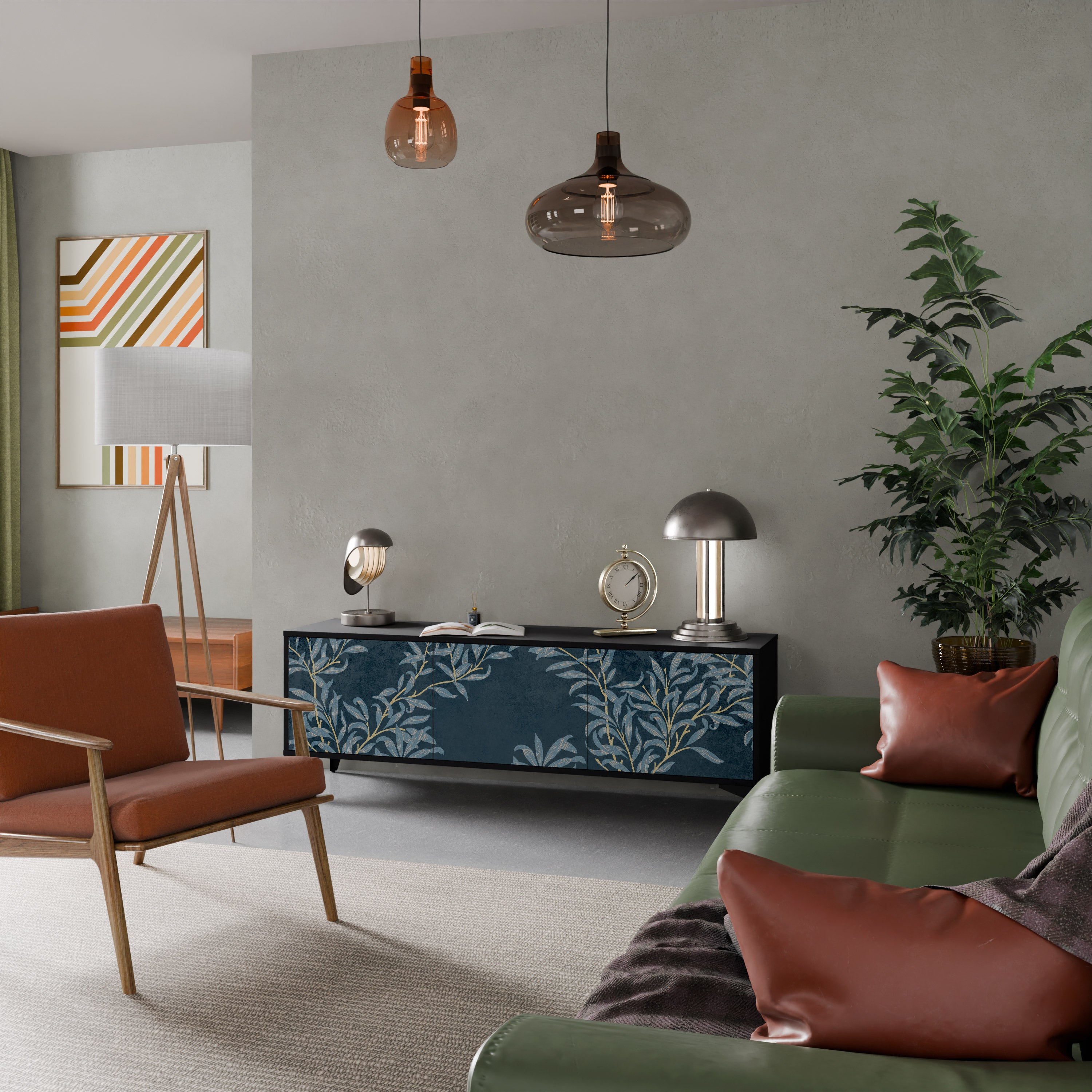 Mueble de TV de 3 puertas BLUE LEAVES con acabado negro