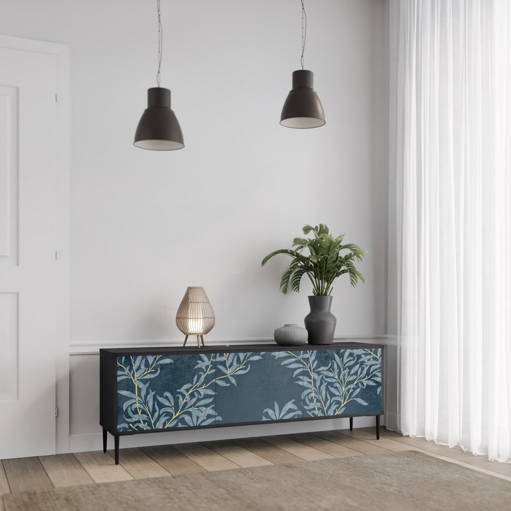 Mueble de TV de 3 puertas BLUE LEAVES con acabado negro