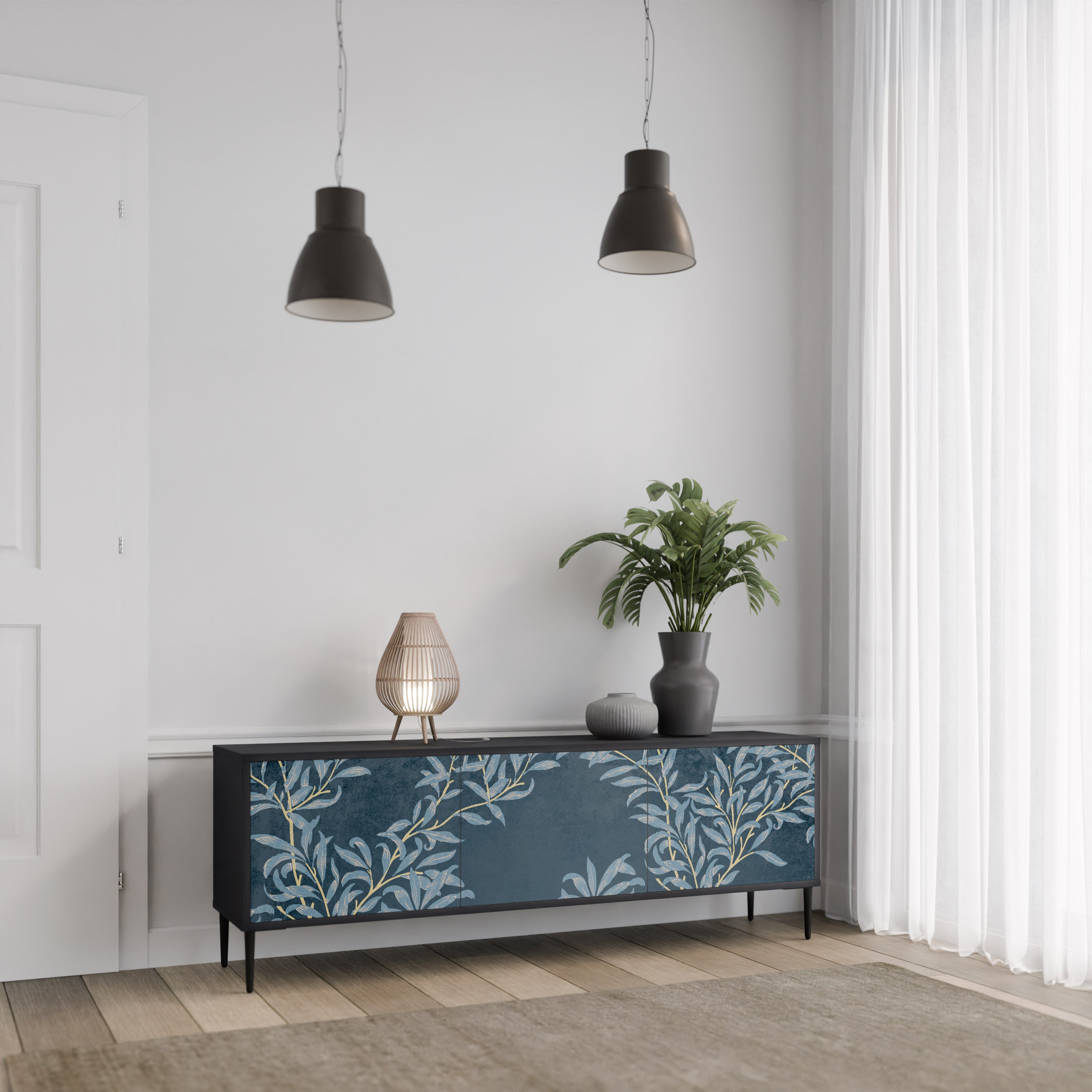 Mueble de TV de 3 puertas BLUE LEAVES con acabado negro