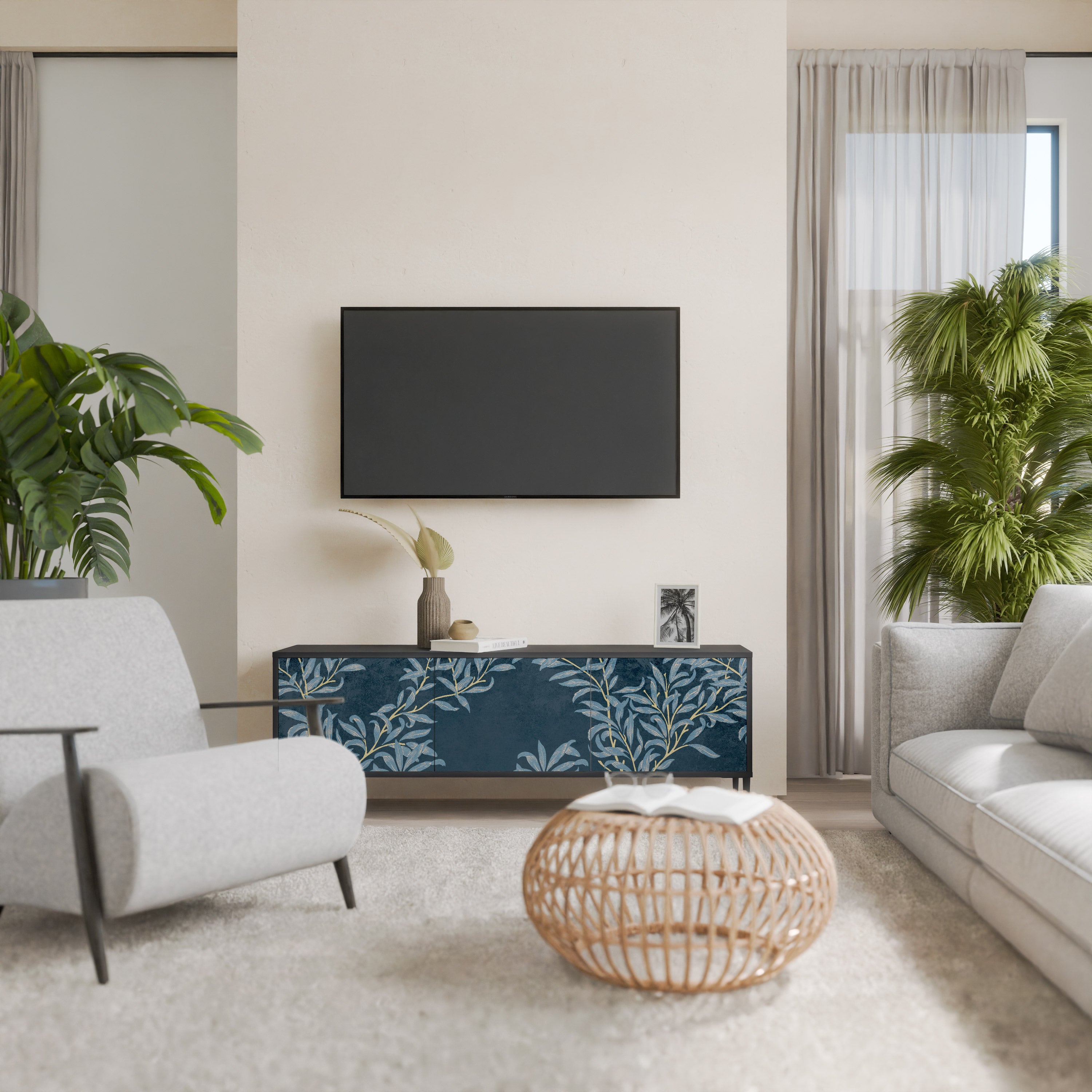 Mueble de TV de 3 puertas BLUE LEAVES con acabado negro