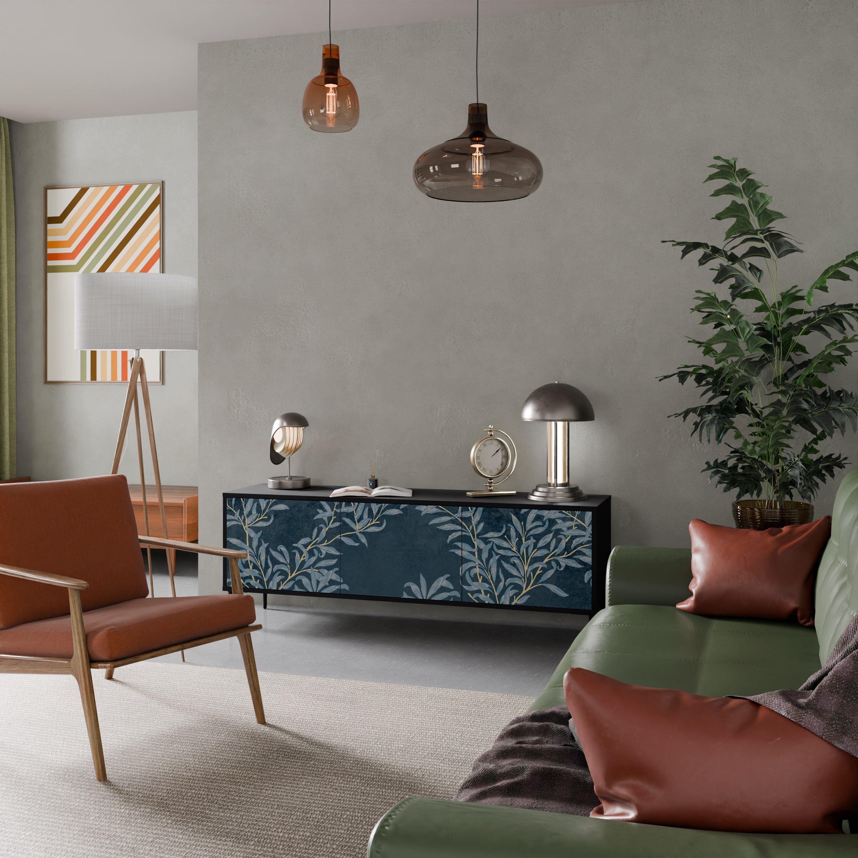 Mueble de TV de 3 puertas BLUE LEAVES con acabado negro