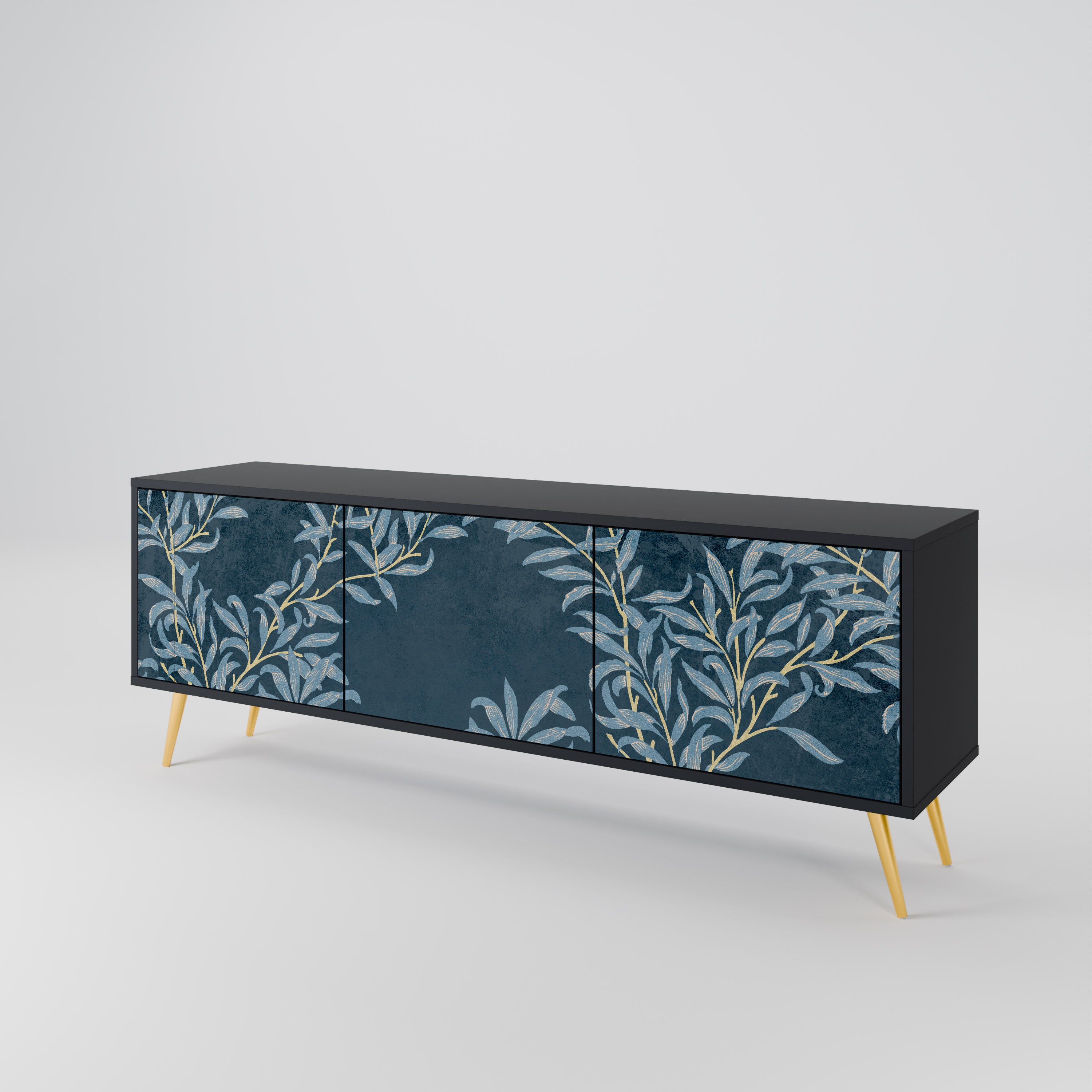 Mueble de TV de 3 puertas BLUE LEAVES con acabado negro