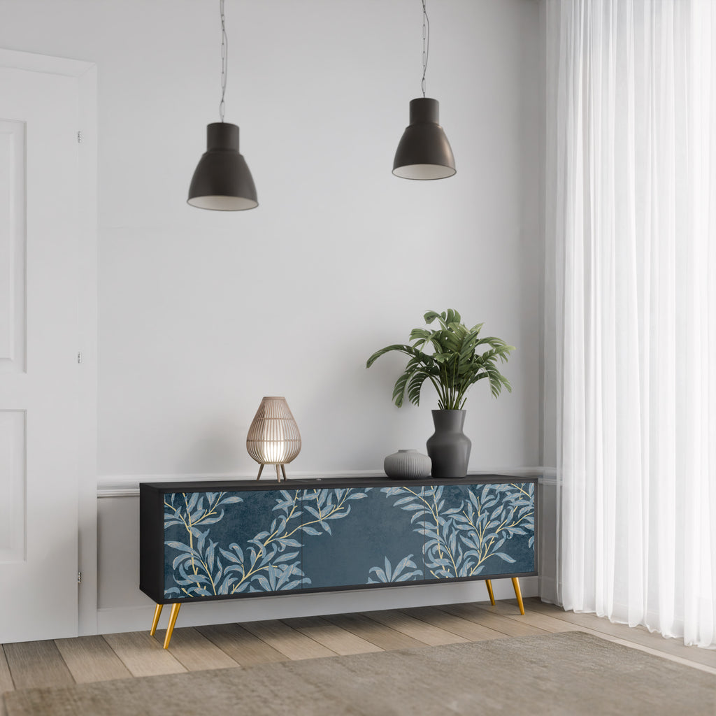 Mueble de TV de 3 puertas BLUE LEAVES con acabado negro