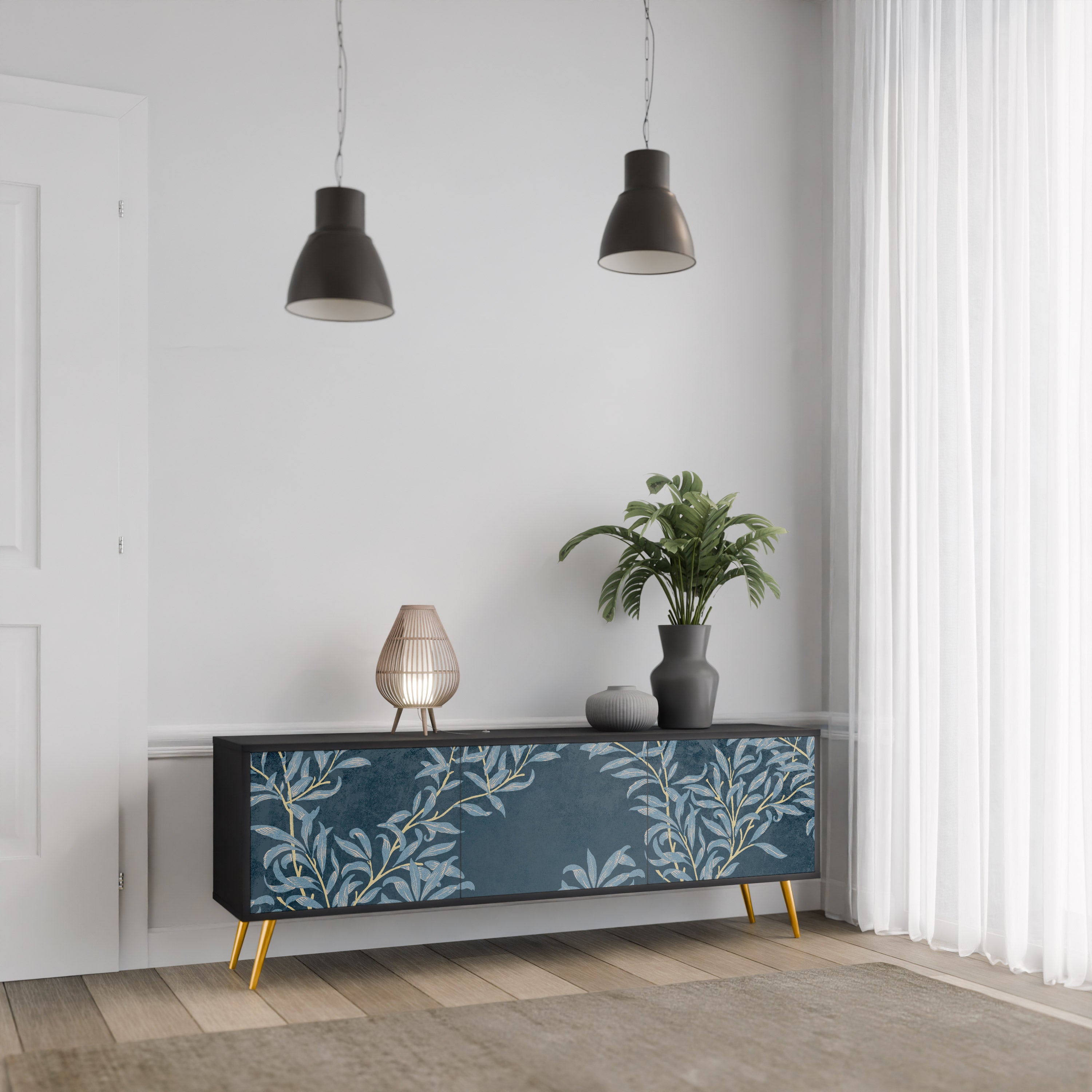 Mueble de TV de 3 puertas BLUE LEAVES con acabado negro
