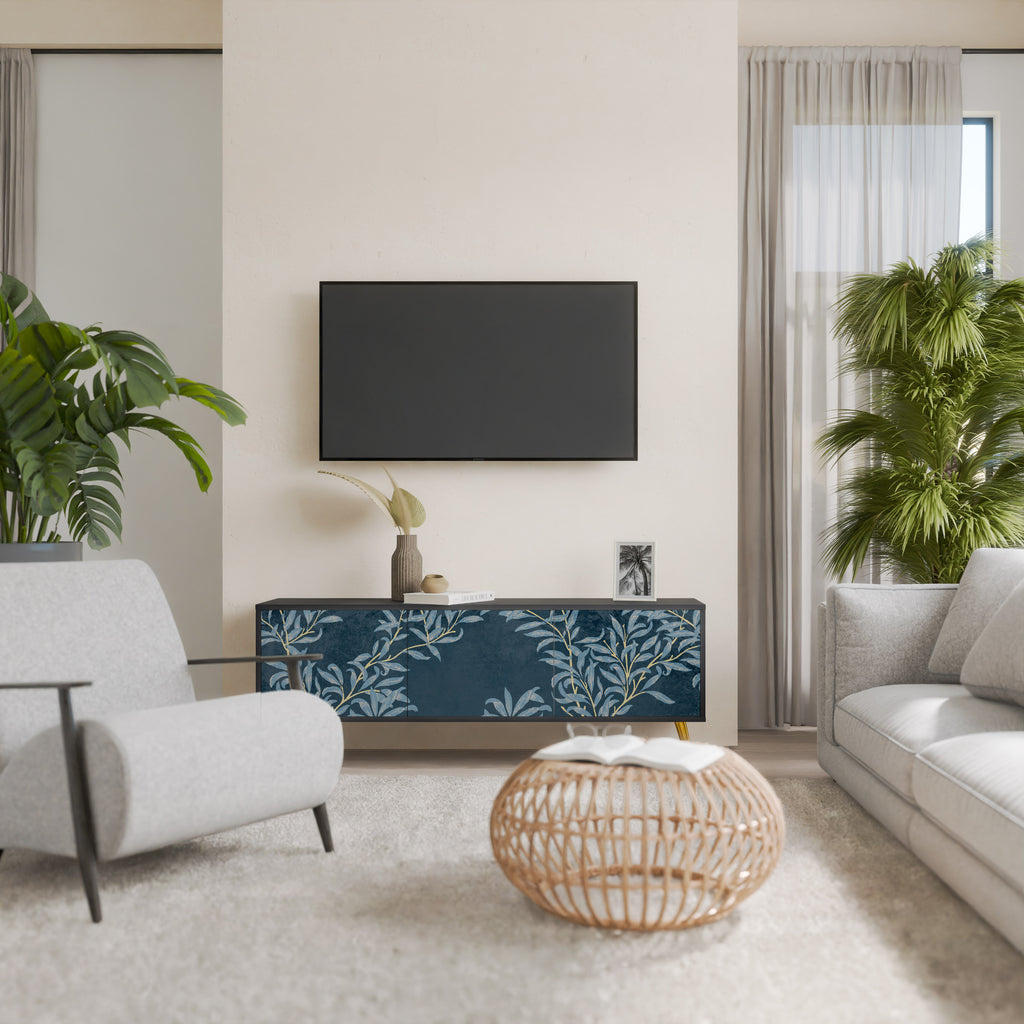 Mueble de TV de 3 puertas BLUE LEAVES con acabado negro