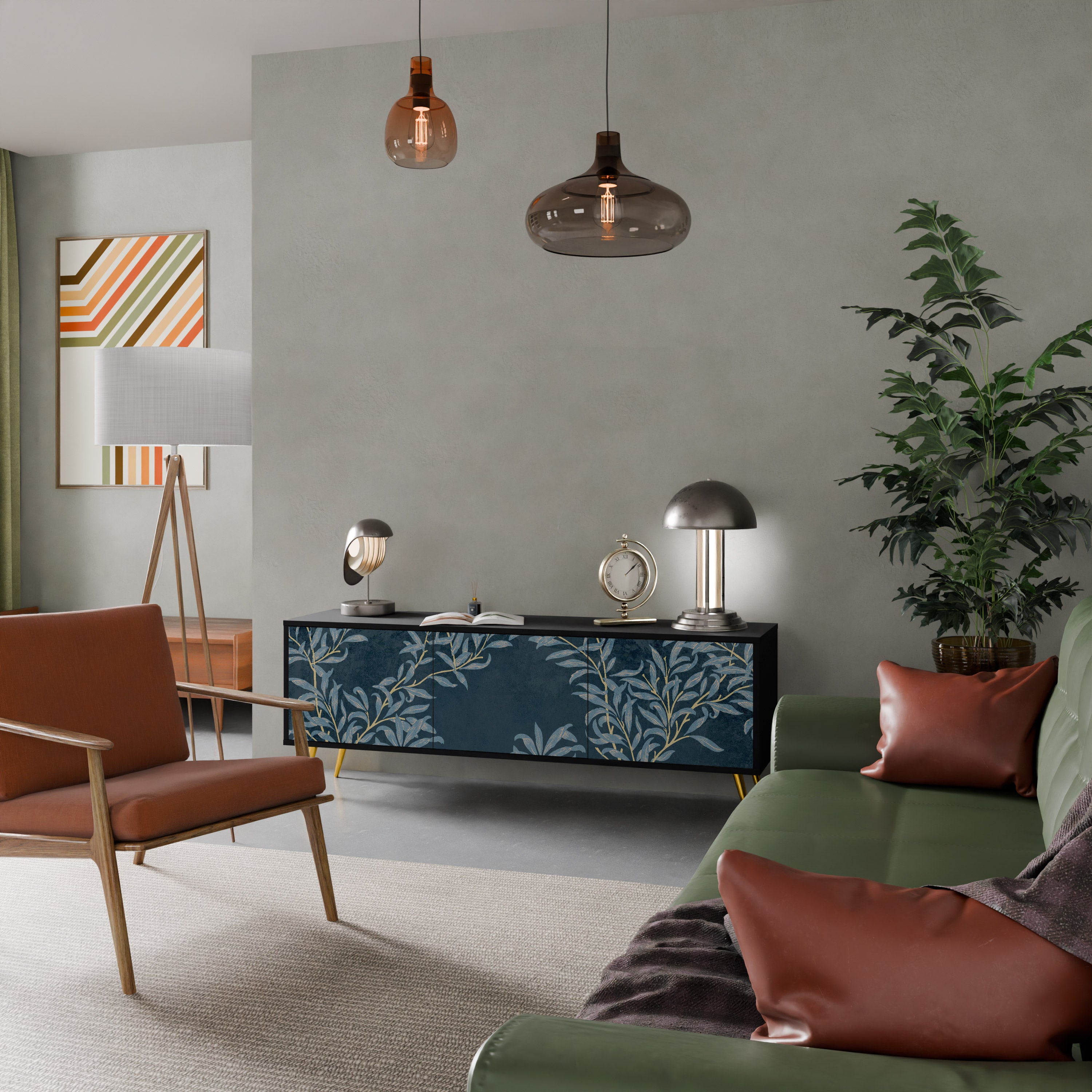 Mueble de TV de 3 puertas BLUE LEAVES con acabado negro