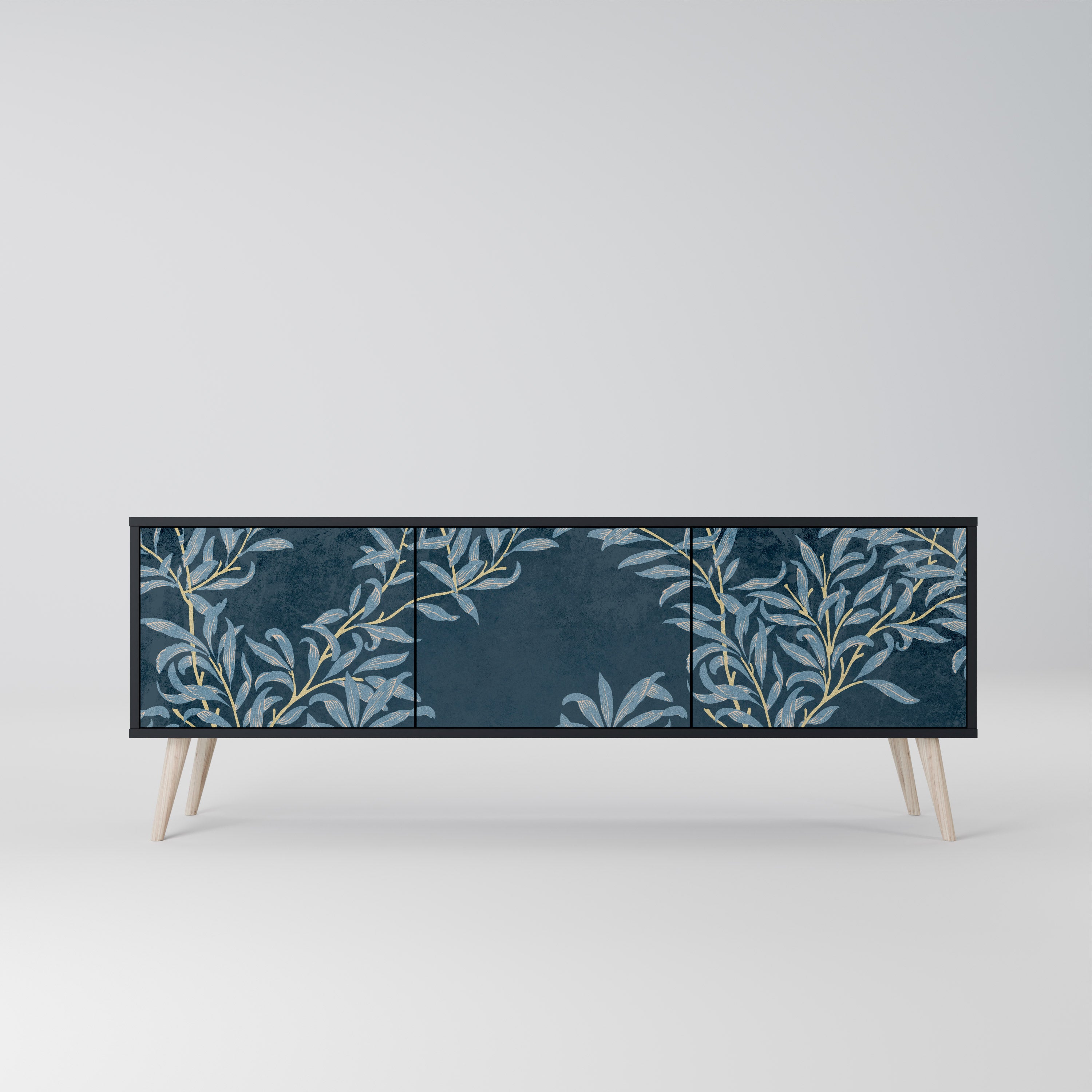 Mueble de TV de 3 puertas BLUE LEAVES con acabado negro