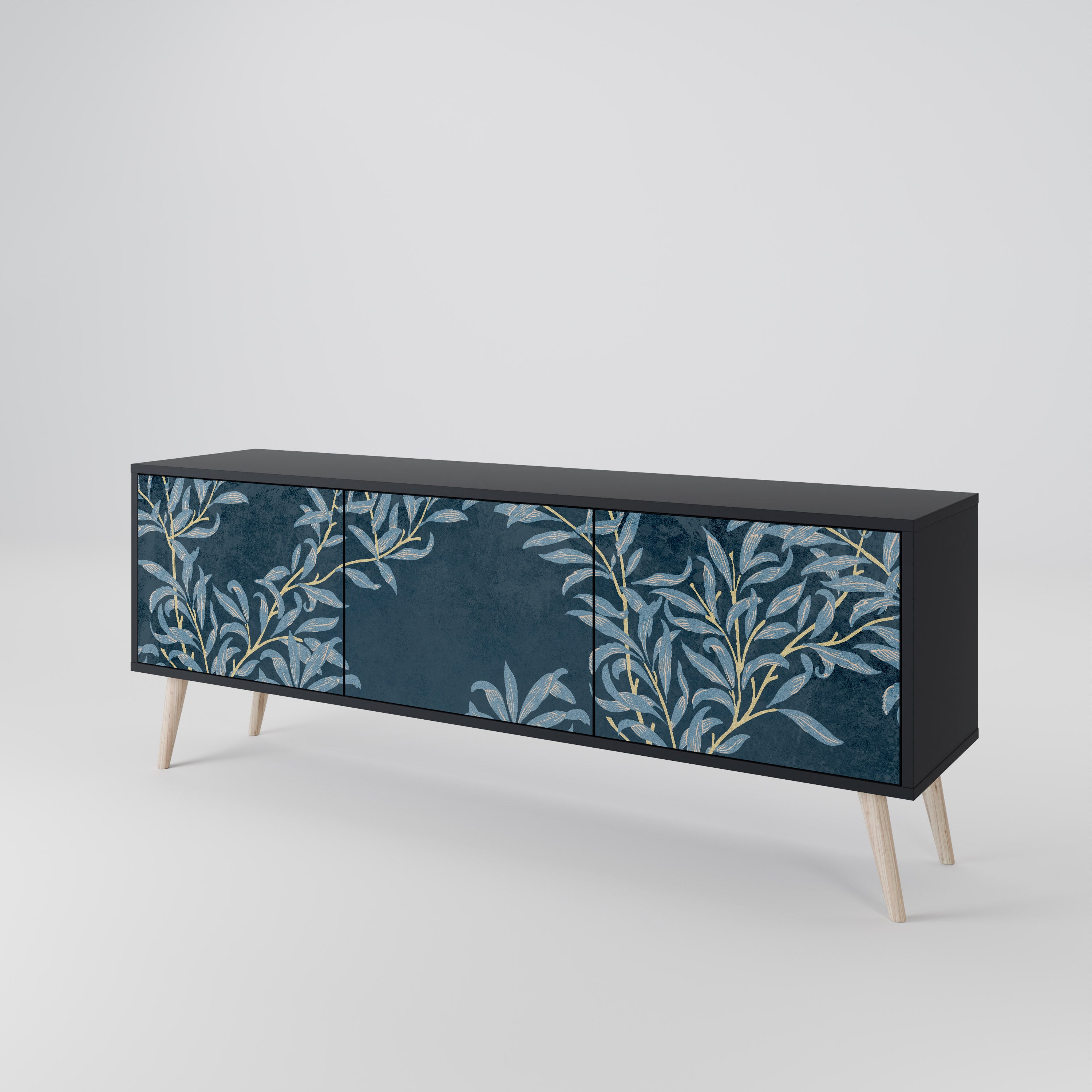 Mueble de TV de 3 puertas BLUE LEAVES con acabado negro