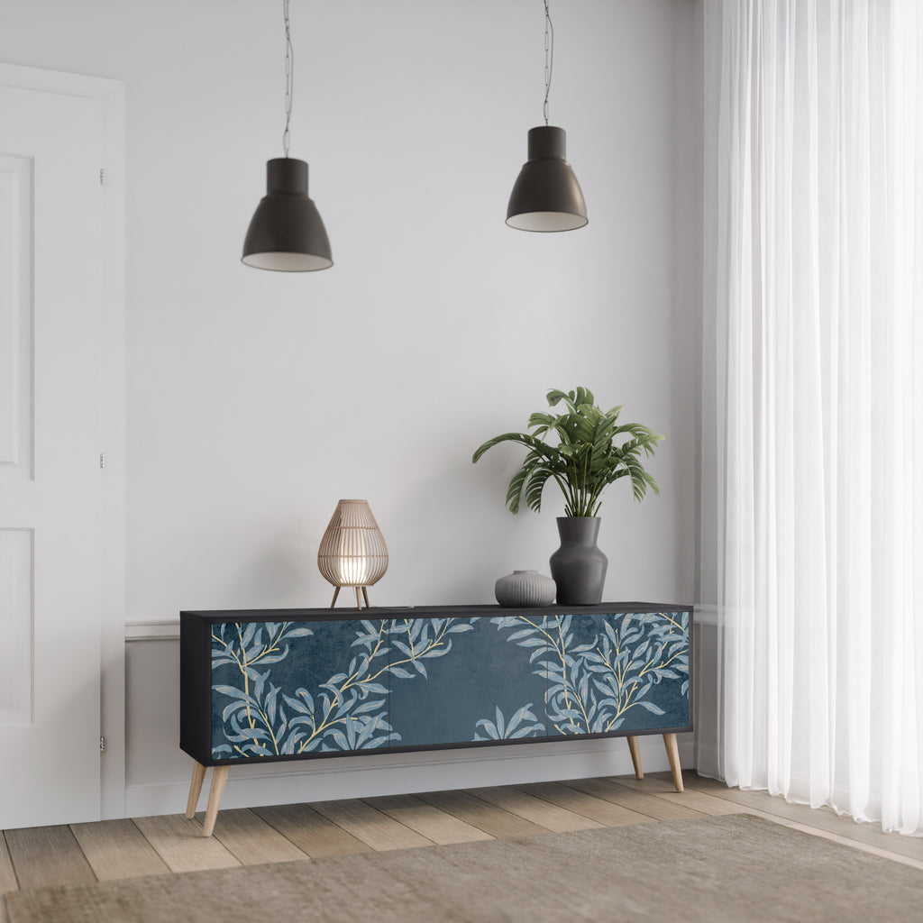 Mueble de TV de 3 puertas BLUE LEAVES con acabado negro