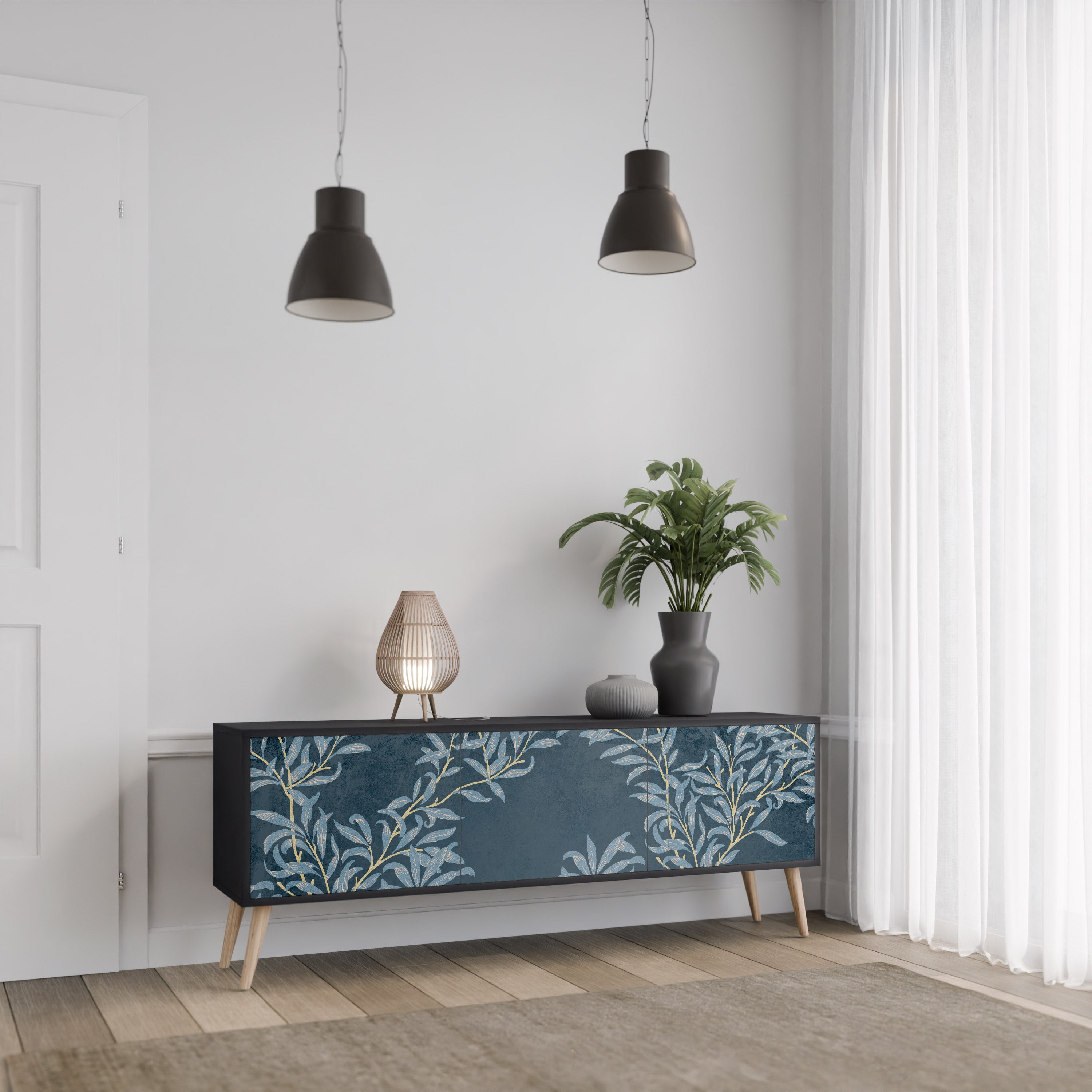 Mueble de TV de 3 puertas BLUE LEAVES con acabado negro
