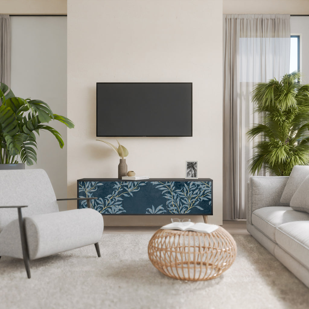 Mueble de TV de 3 puertas BLUE LEAVES con acabado negro