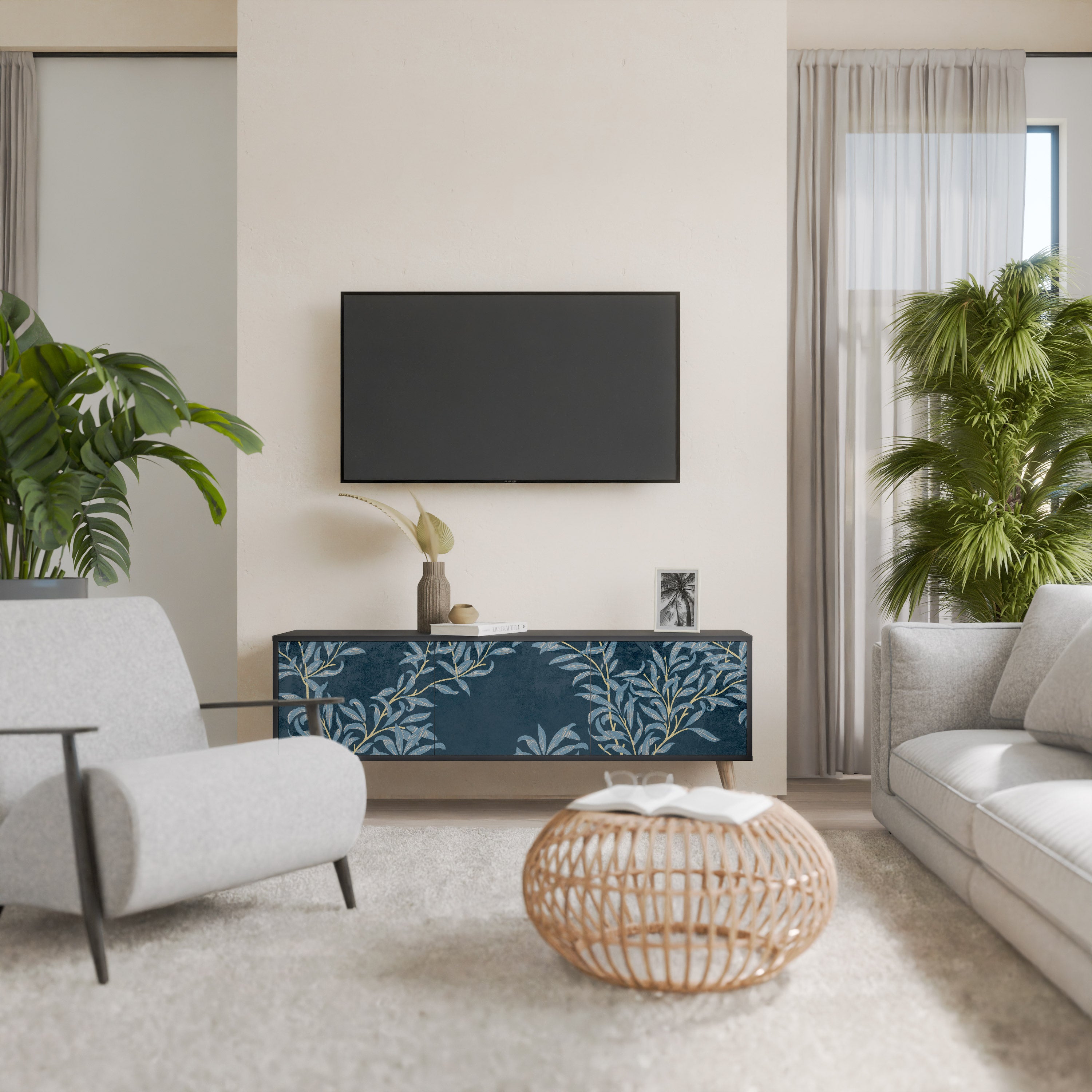 Mueble de TV de 3 puertas BLUE LEAVES con acabado negro