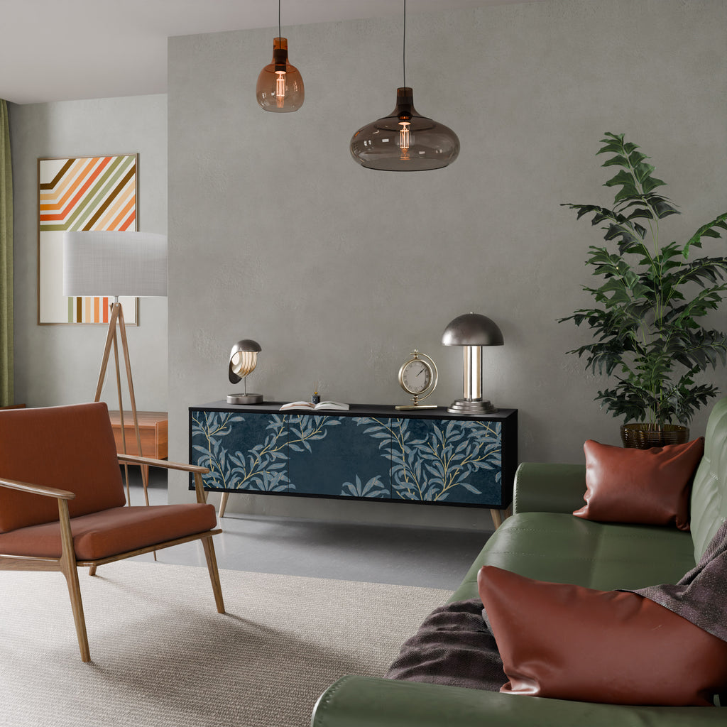 Mueble de TV de 3 puertas BLUE LEAVES con acabado negro