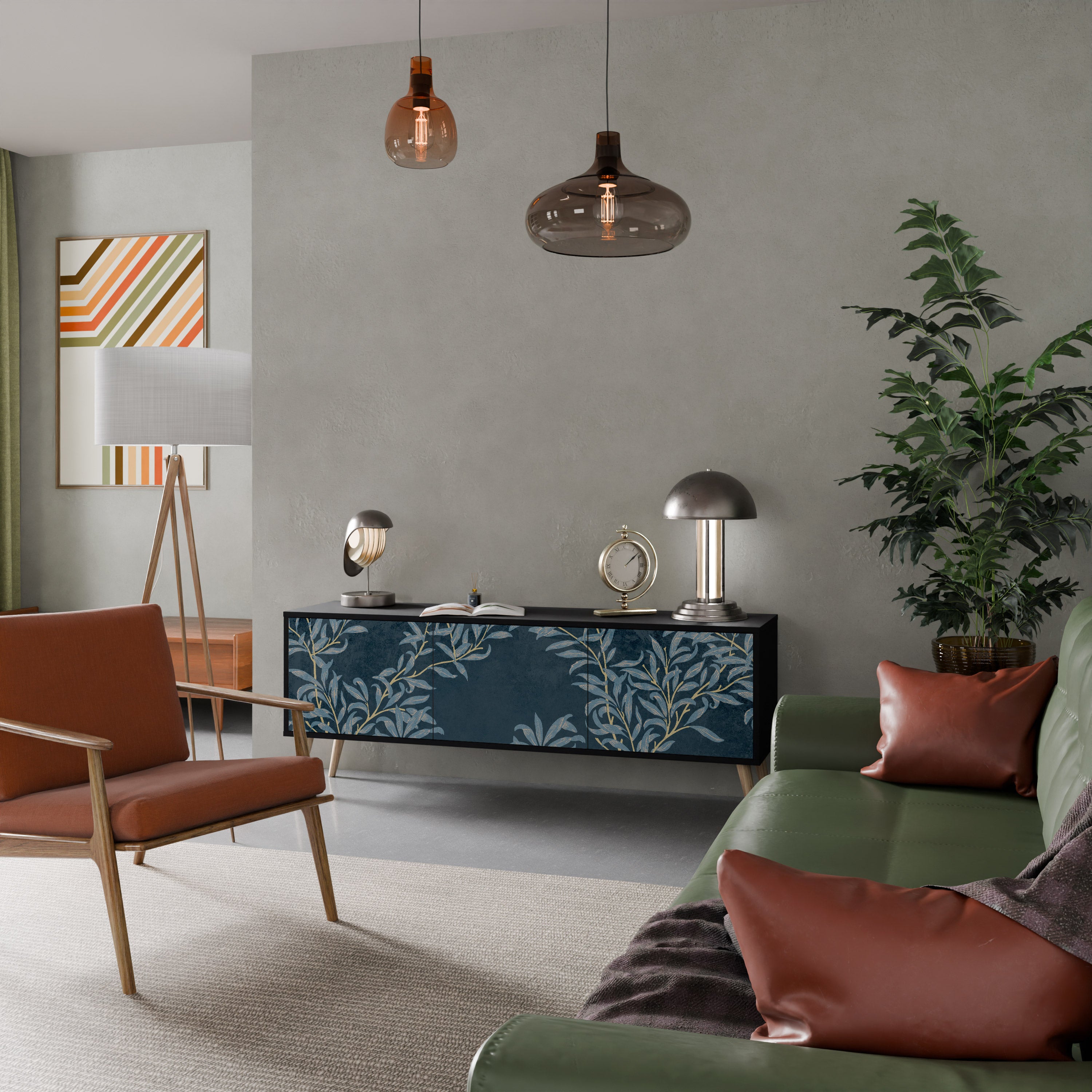 Mueble de TV de 3 puertas BLUE LEAVES con acabado negro