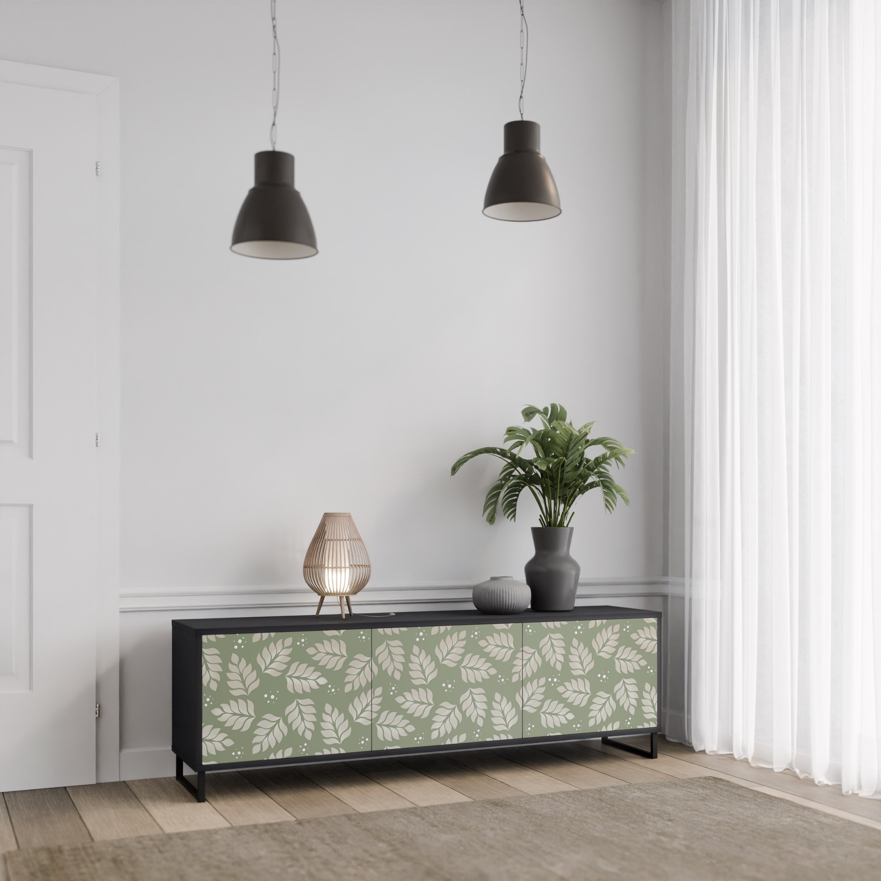 Mueble de TV de 3 puertas LEAVES ON GREEN con acabado negro
