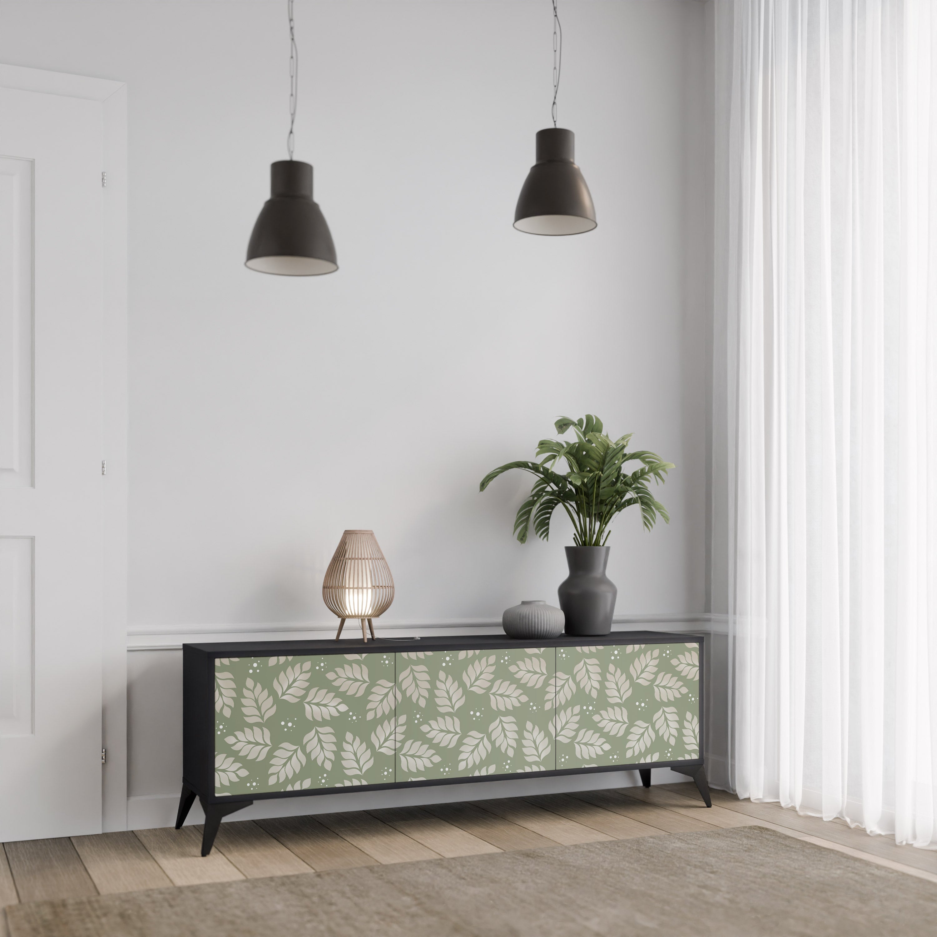 Mueble de TV de 3 puertas LEAVES ON GREEN con acabado negro