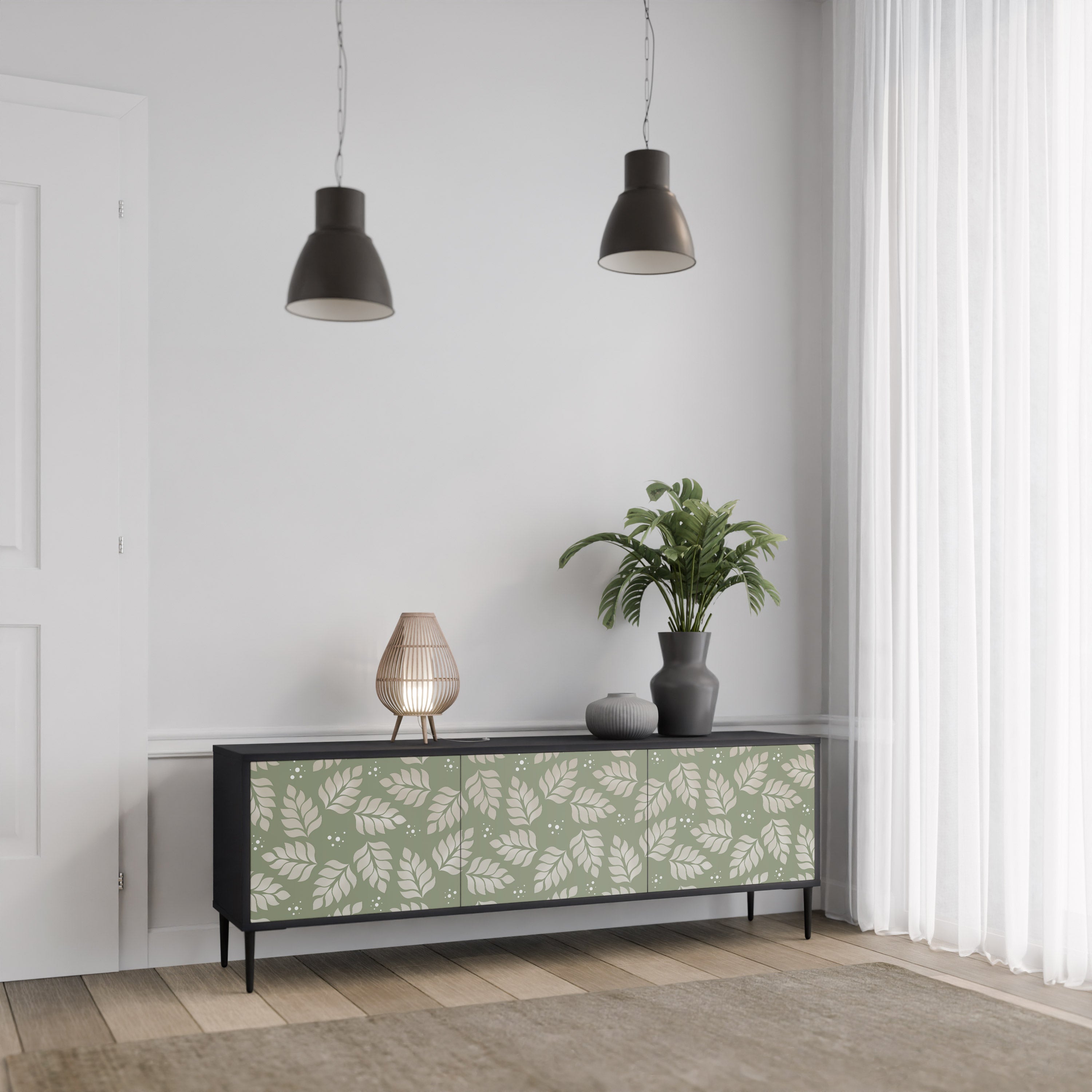 Mueble de TV de 3 puertas LEAVES ON GREEN con acabado negro