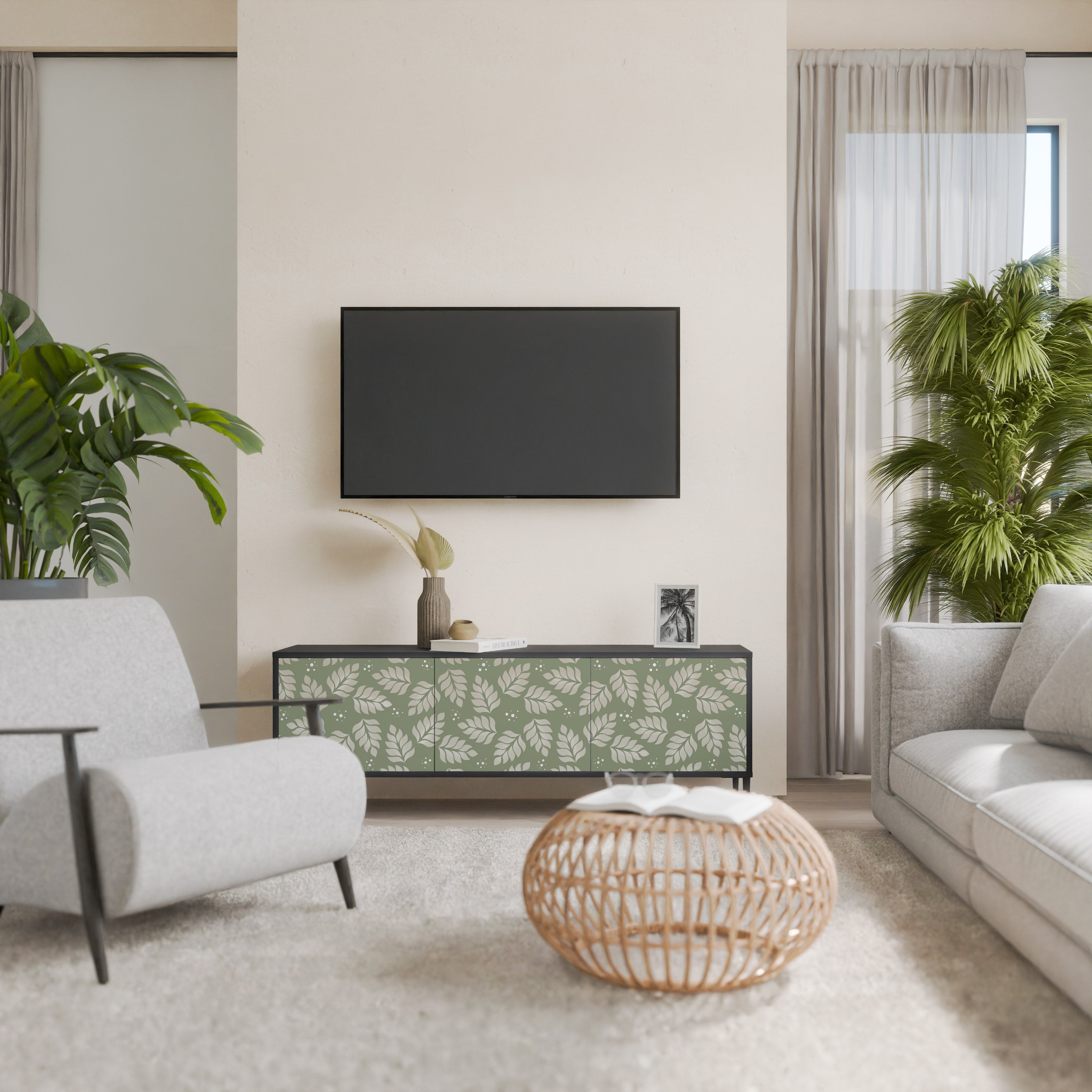 Mueble de TV de 3 puertas LEAVES ON GREEN con acabado negro