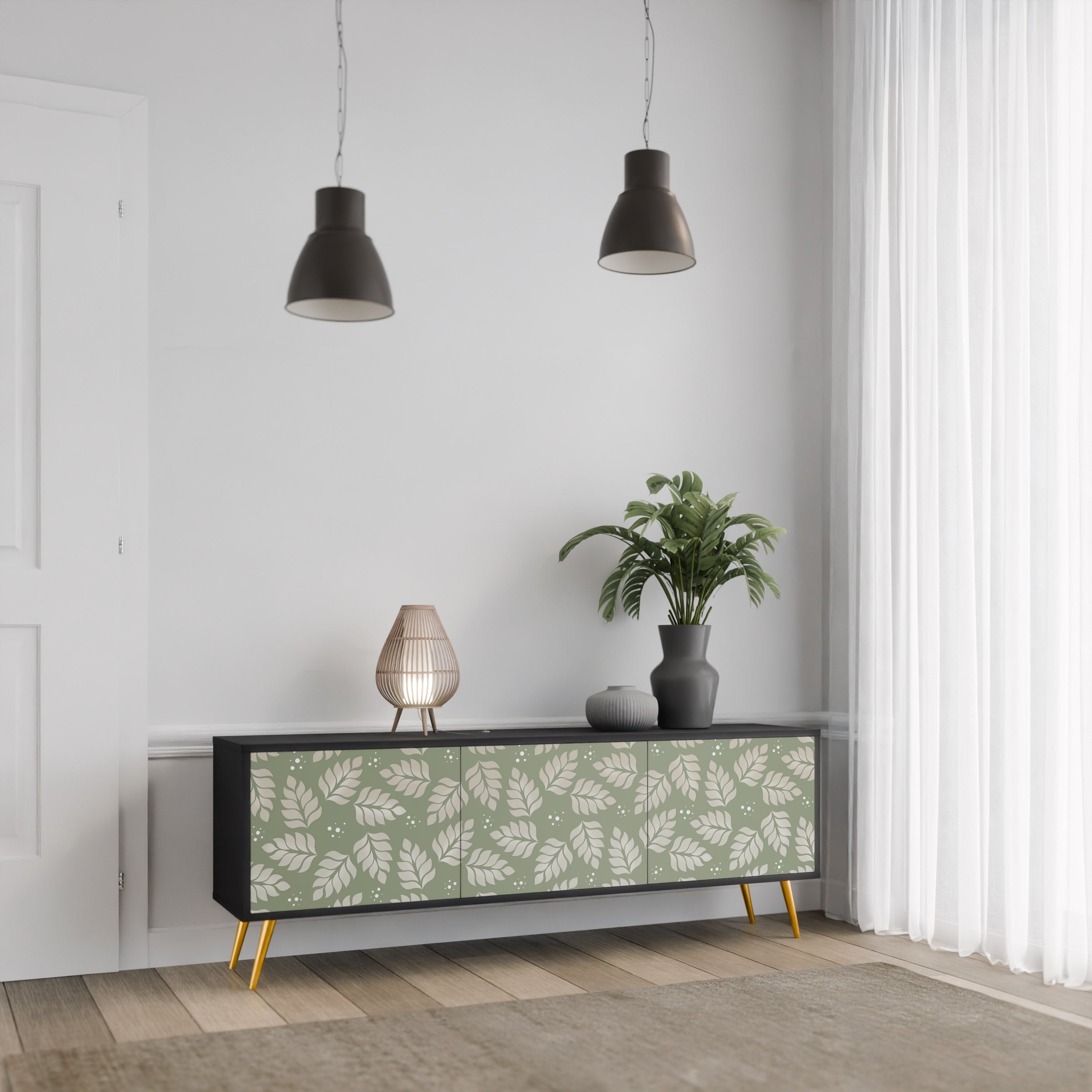 Mueble de TV de 3 puertas LEAVES ON GREEN con acabado negro