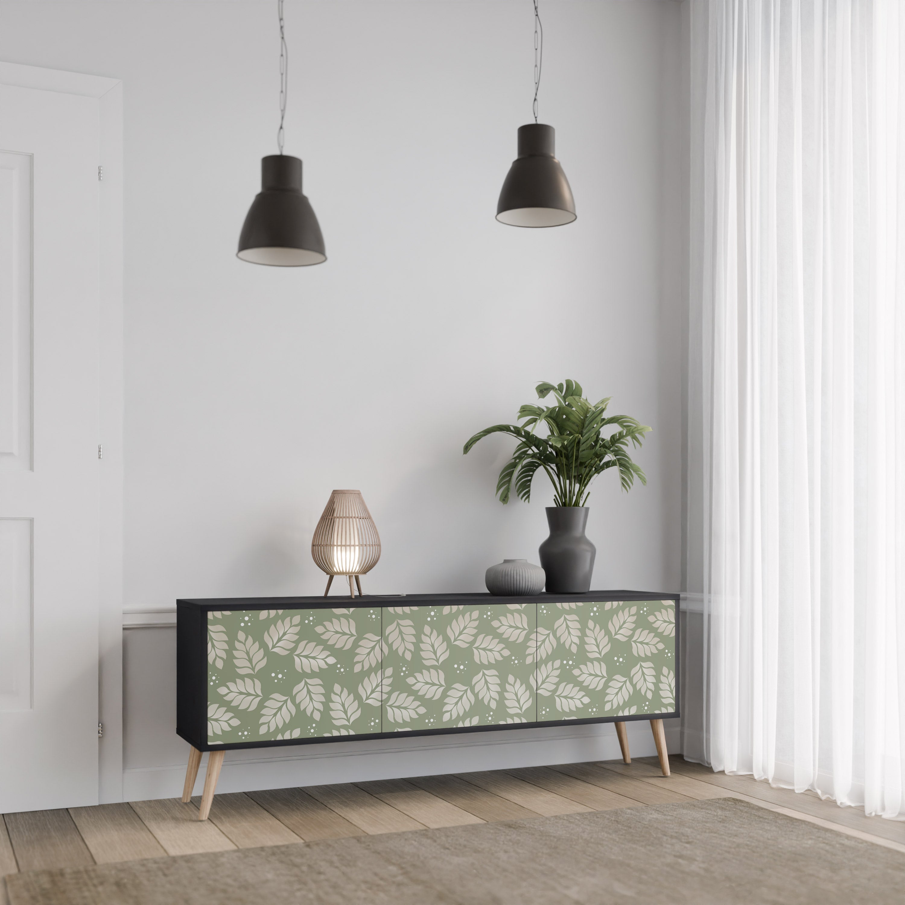 Mueble de TV de 3 puertas LEAVES ON GREEN con acabado negro