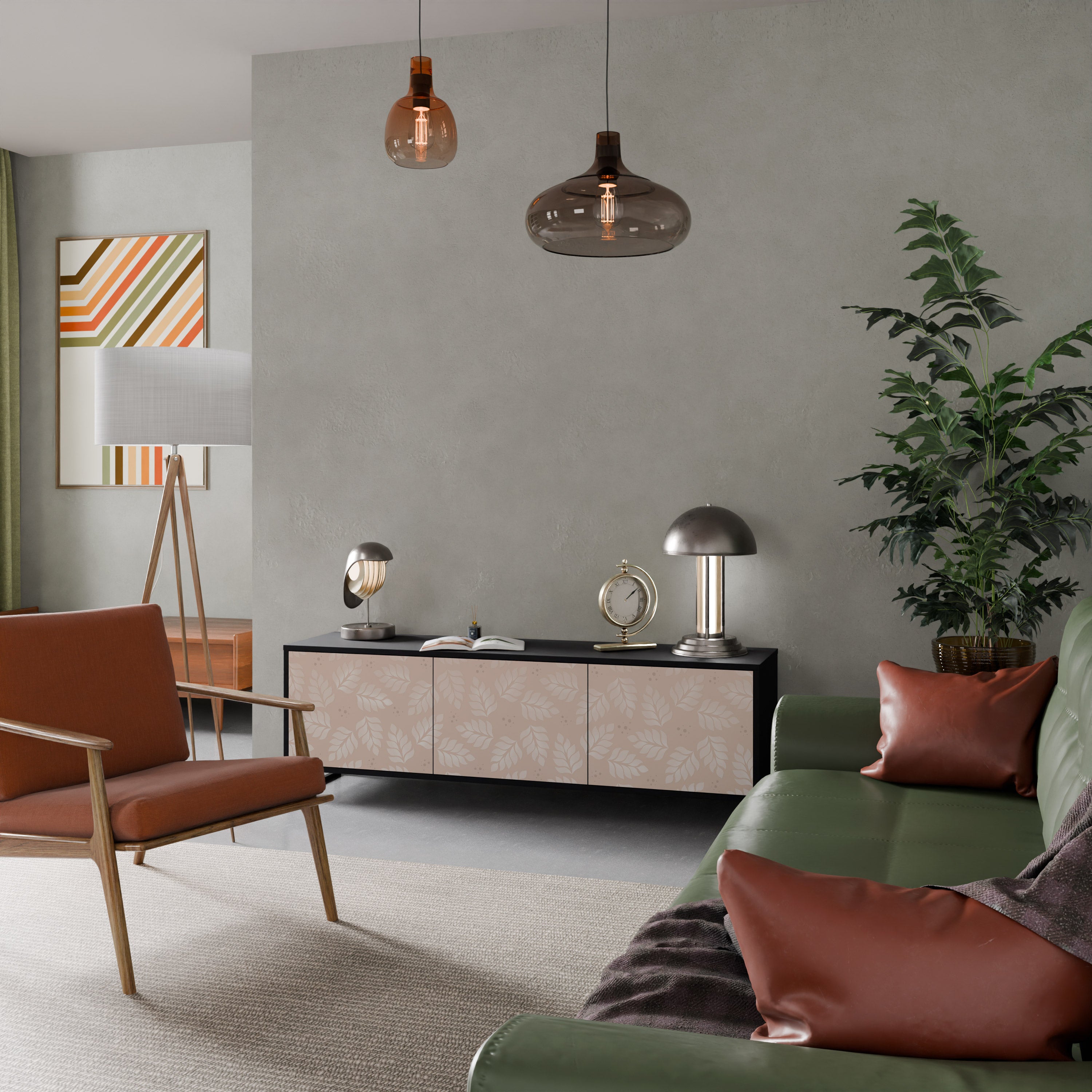 Mueble de TV de 3 puertas LEAVES ON BEIGE con acabado negro