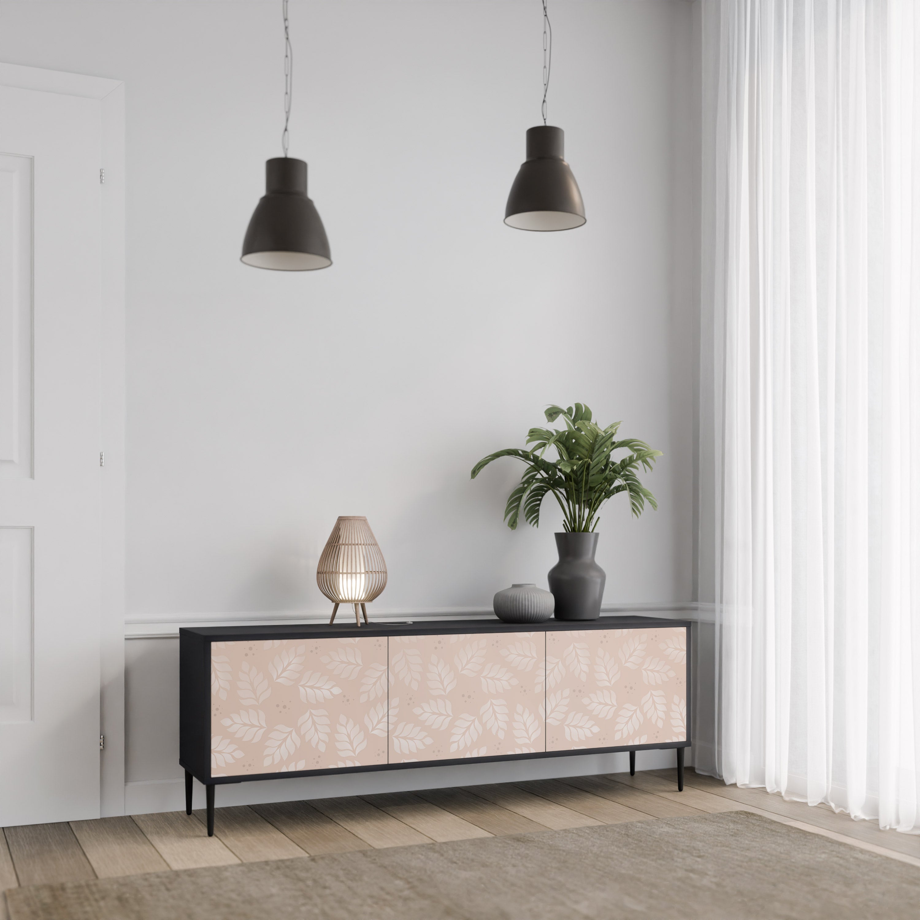 Mueble de TV de 3 puertas LEAVES ON BEIGE con acabado negro