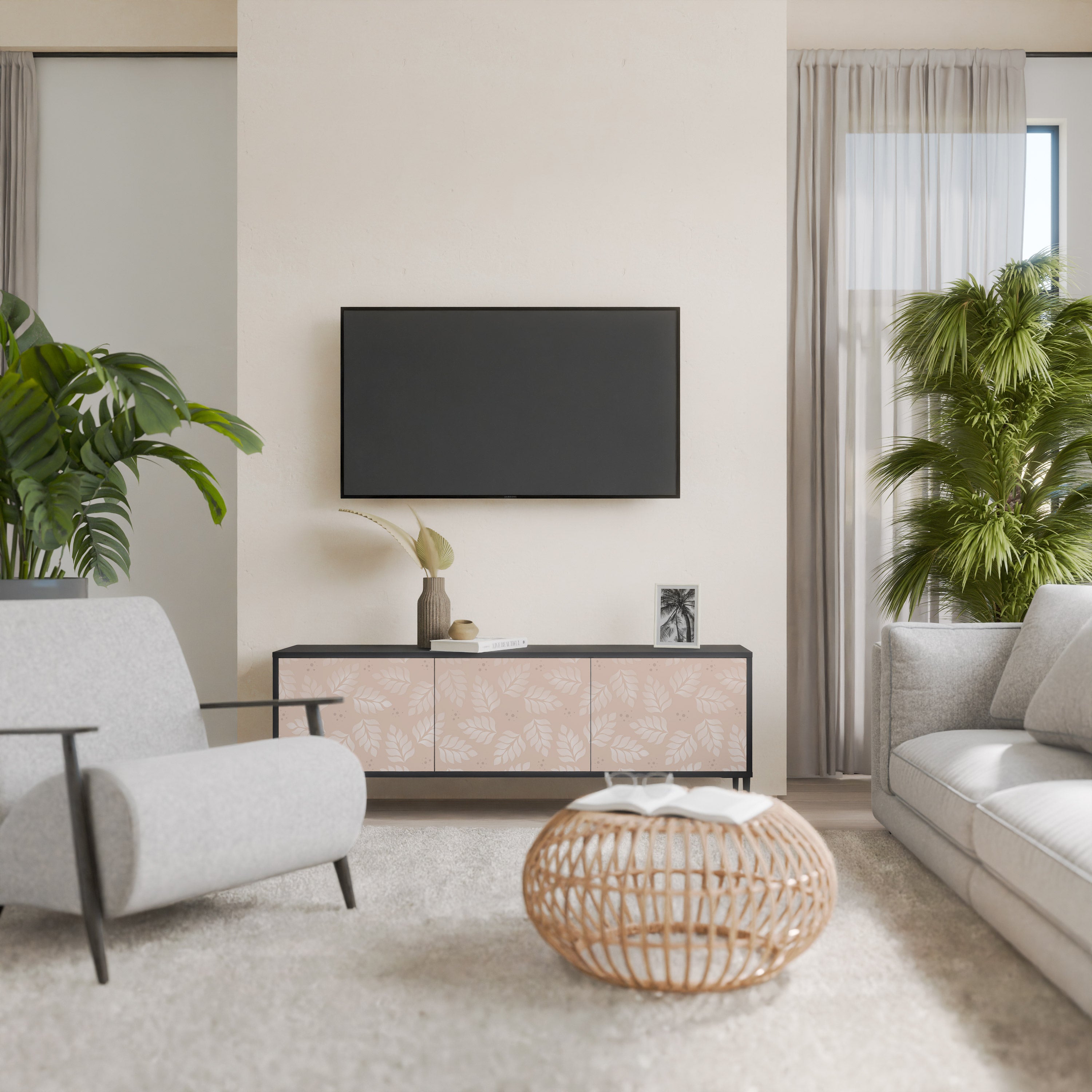 Mueble de TV de 3 puertas LEAVES ON BEIGE con acabado negro