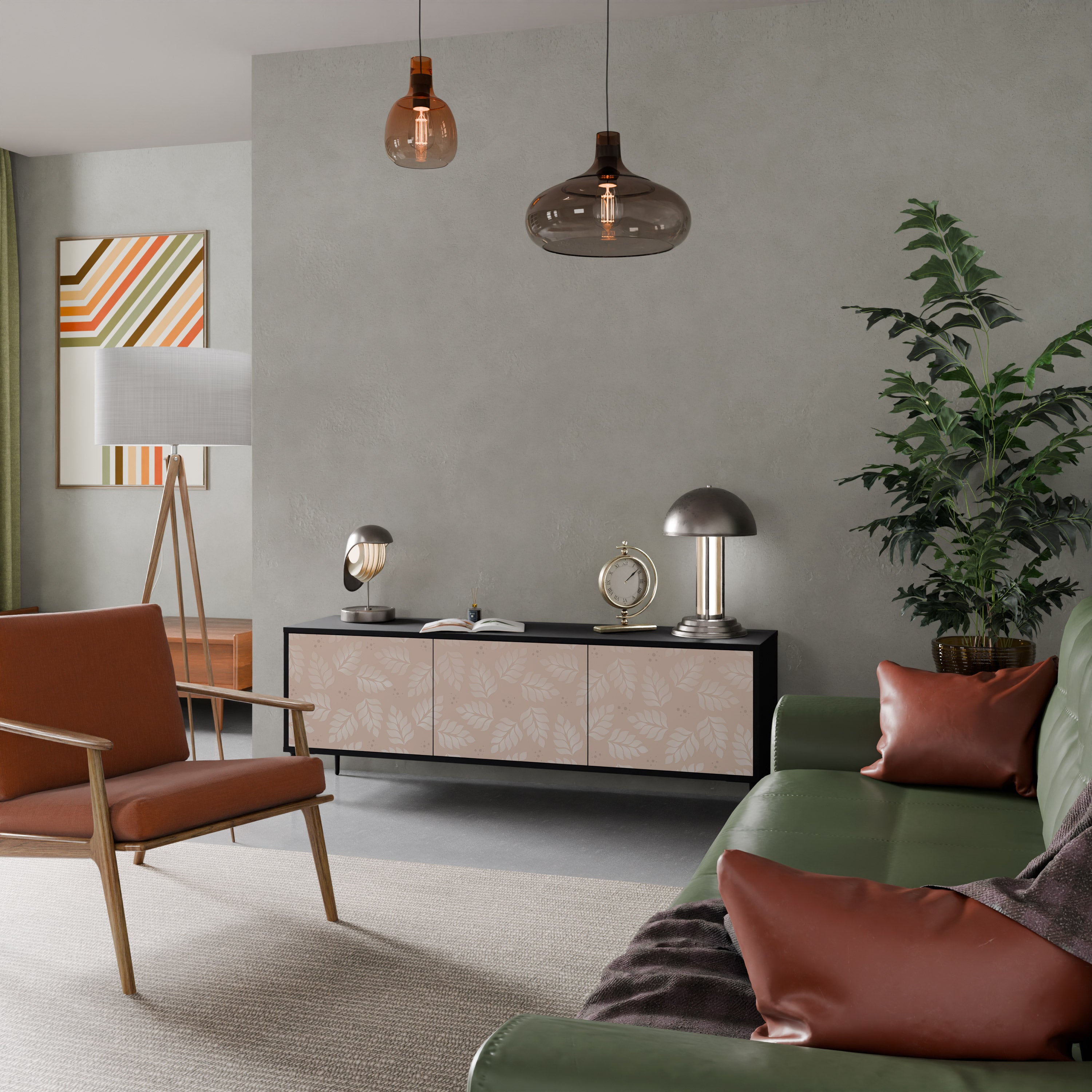 Mueble de TV de 3 puertas LEAVES ON BEIGE con acabado negro