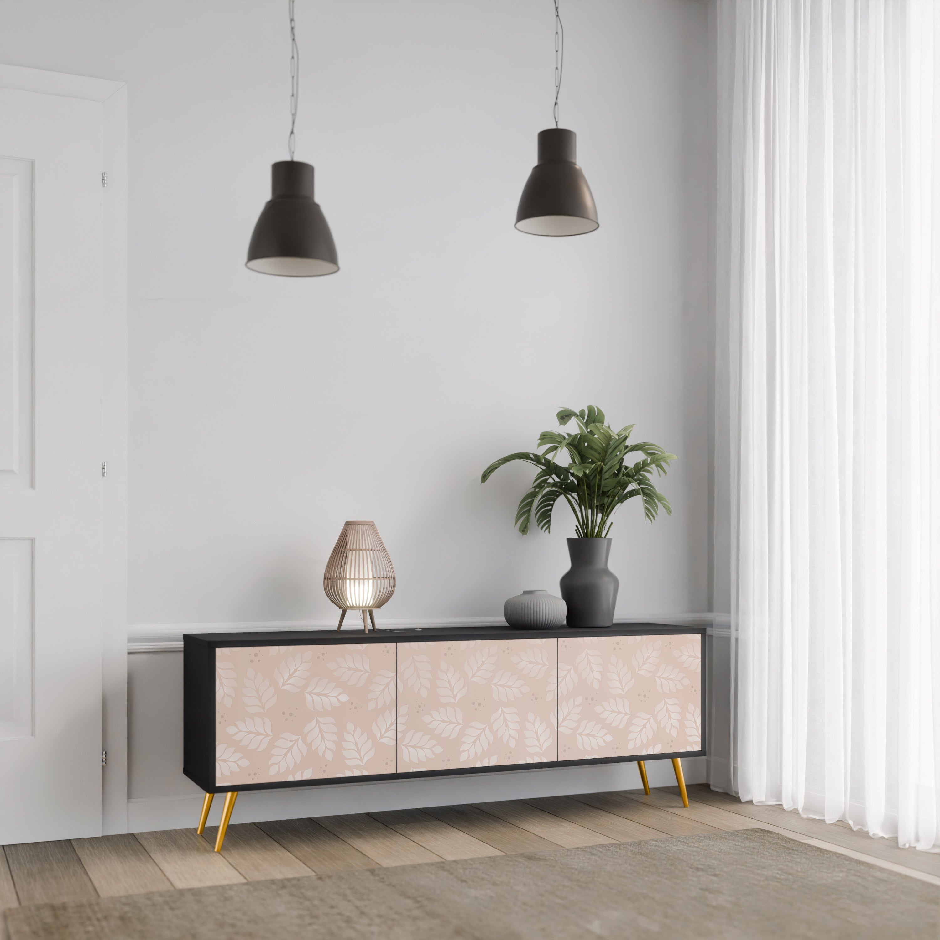 Mueble de TV de 3 puertas LEAVES ON BEIGE con acabado negro