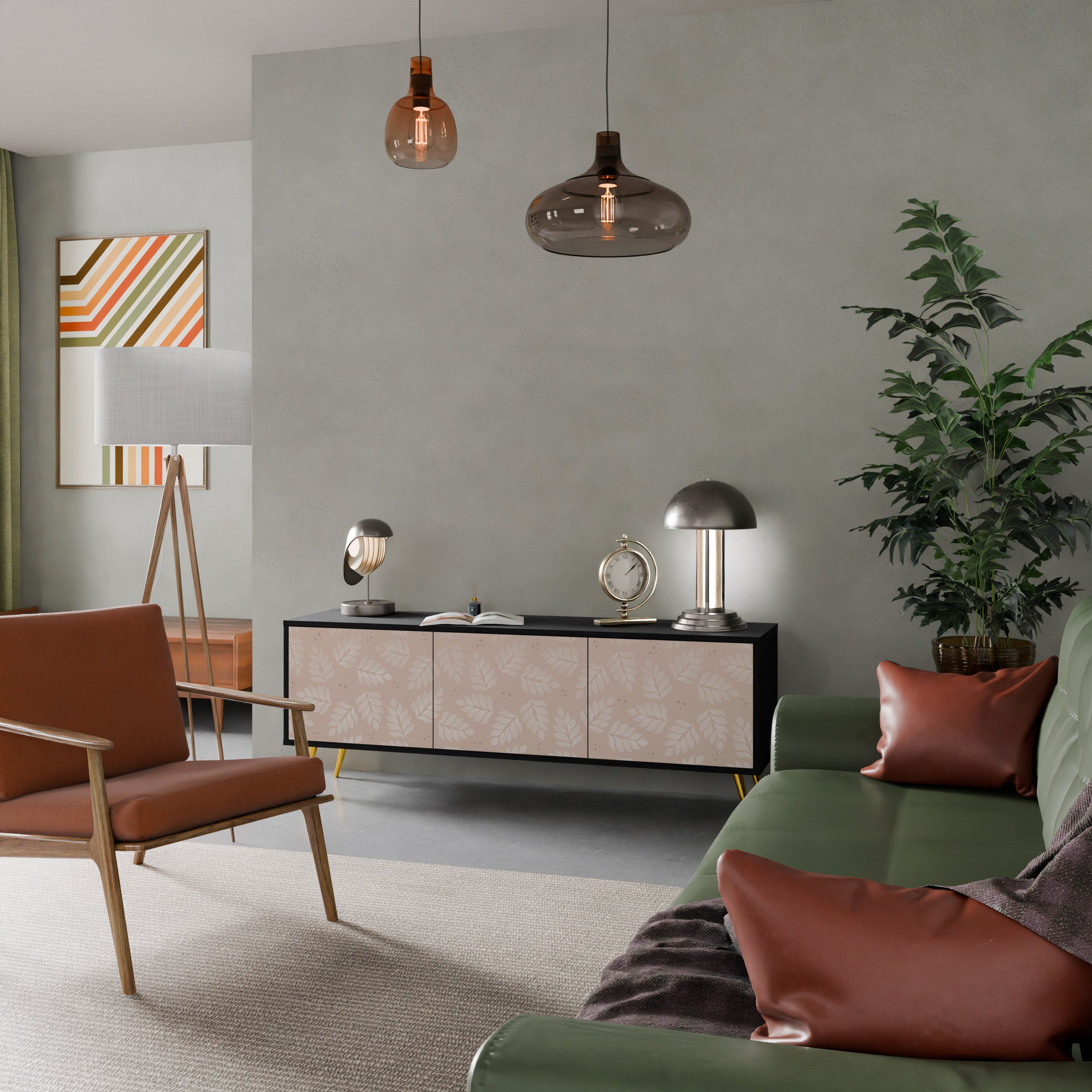 Mueble de TV de 3 puertas LEAVES ON BEIGE con acabado negro