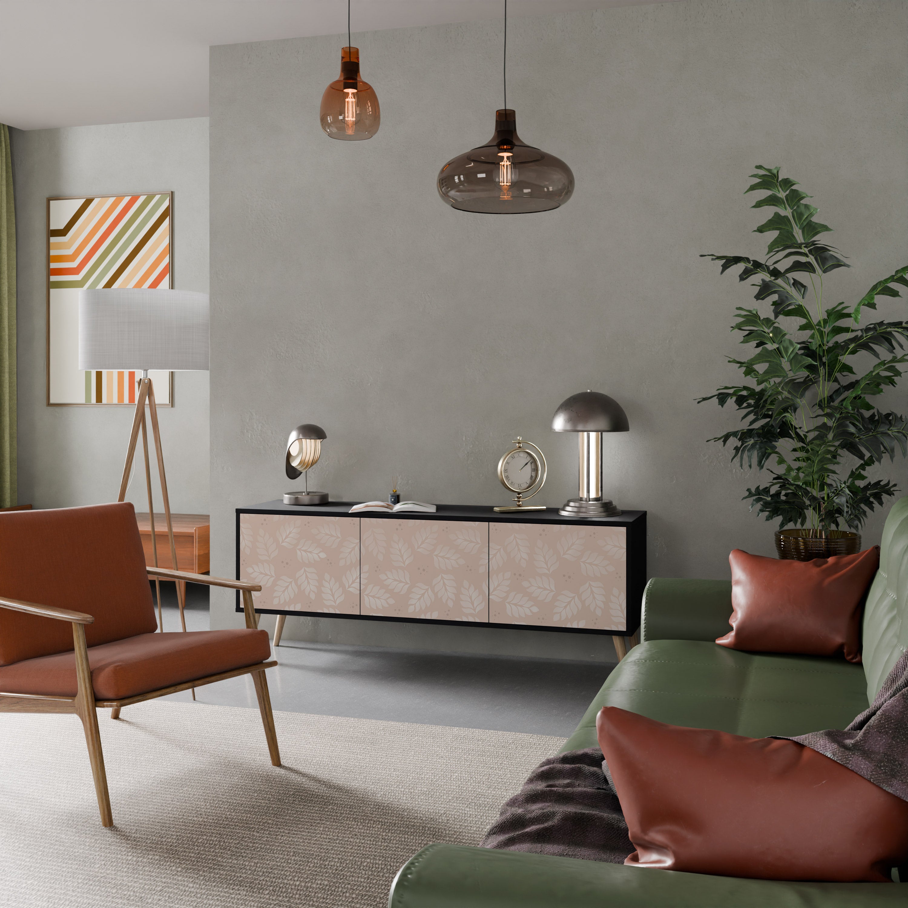 Mueble de TV de 3 puertas LEAVES ON BEIGE con acabado negro