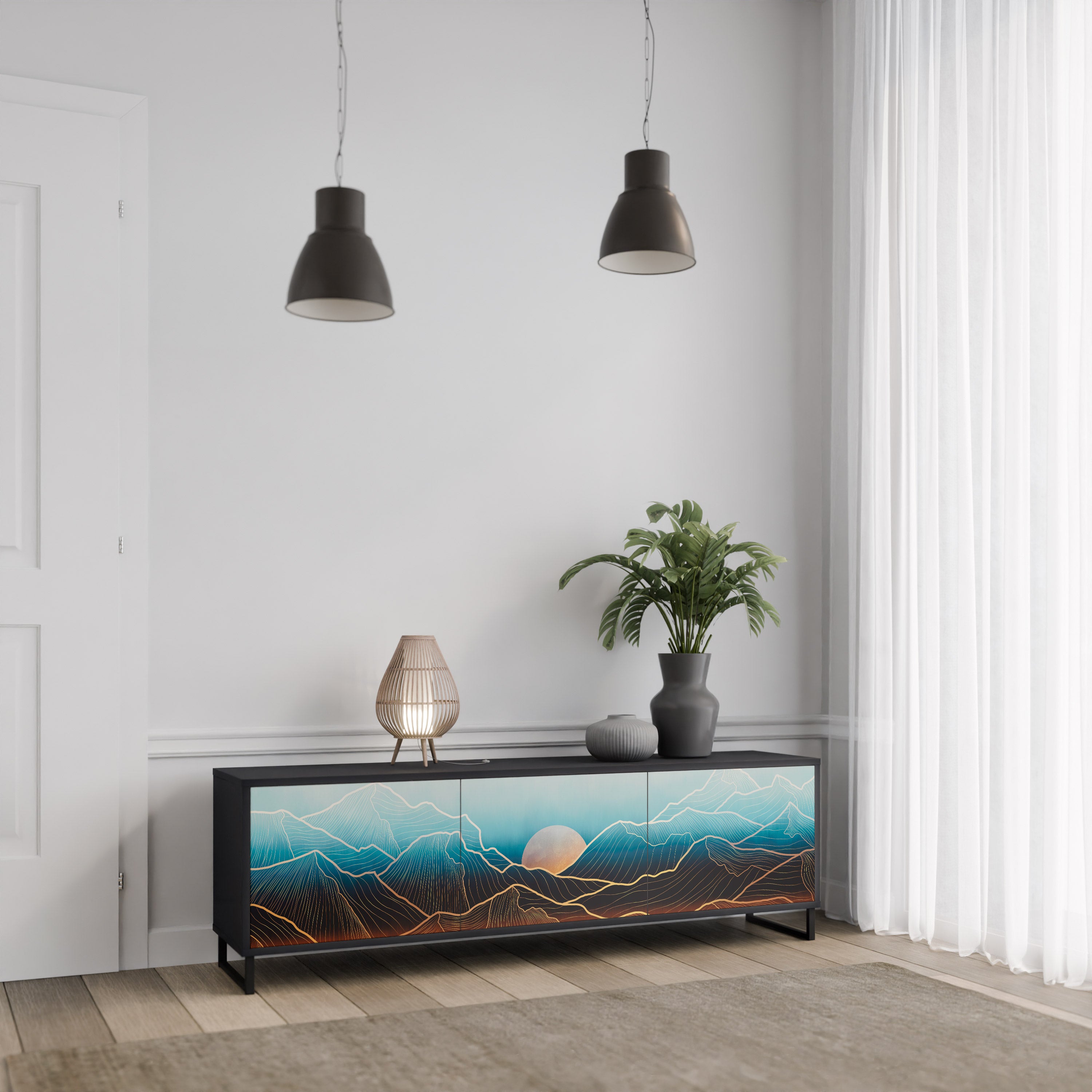 Mueble de TV de 3 puertas LUNAR SECRETS en acabado negro