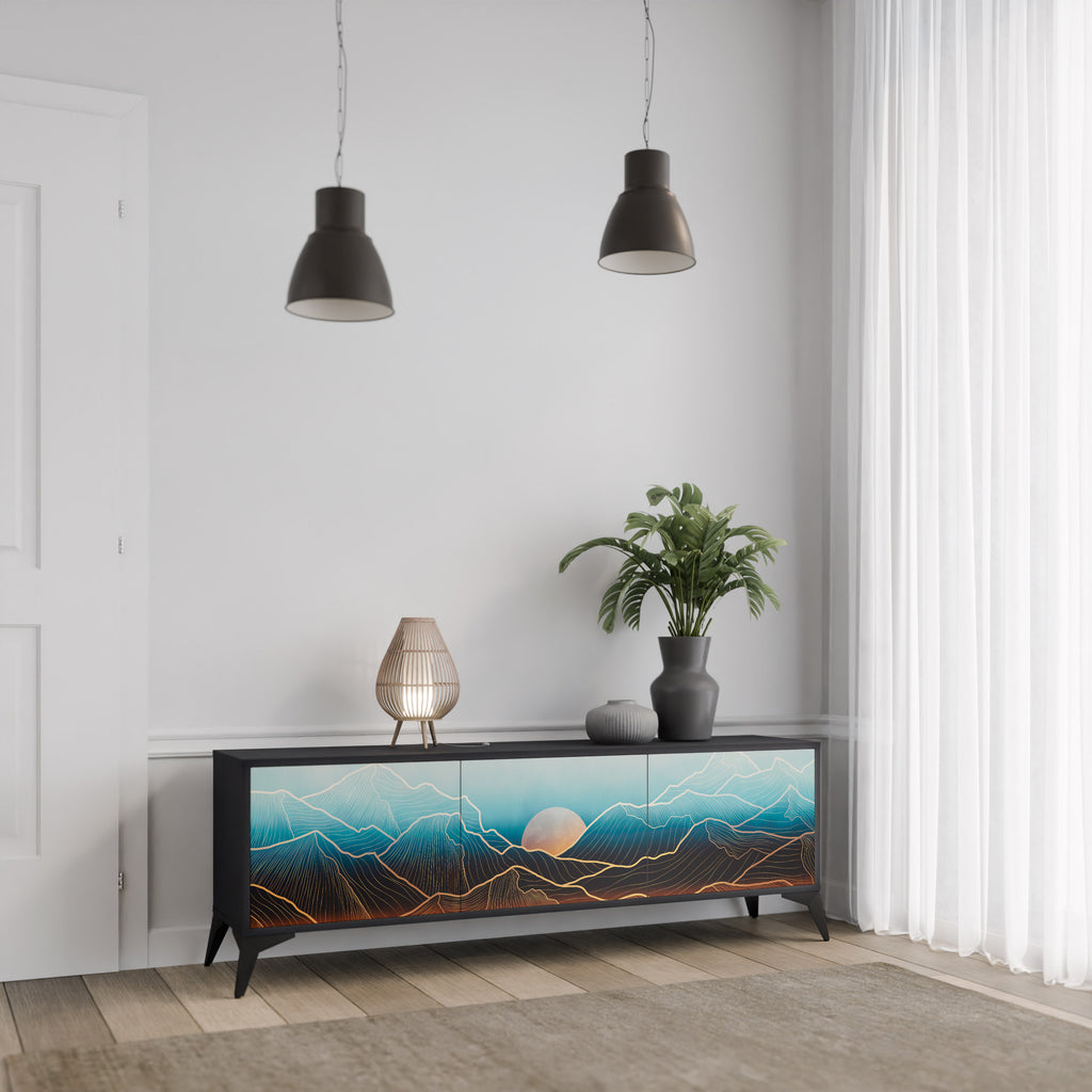 Mueble de TV de 3 puertas LUNAR SECRETS en acabado negro