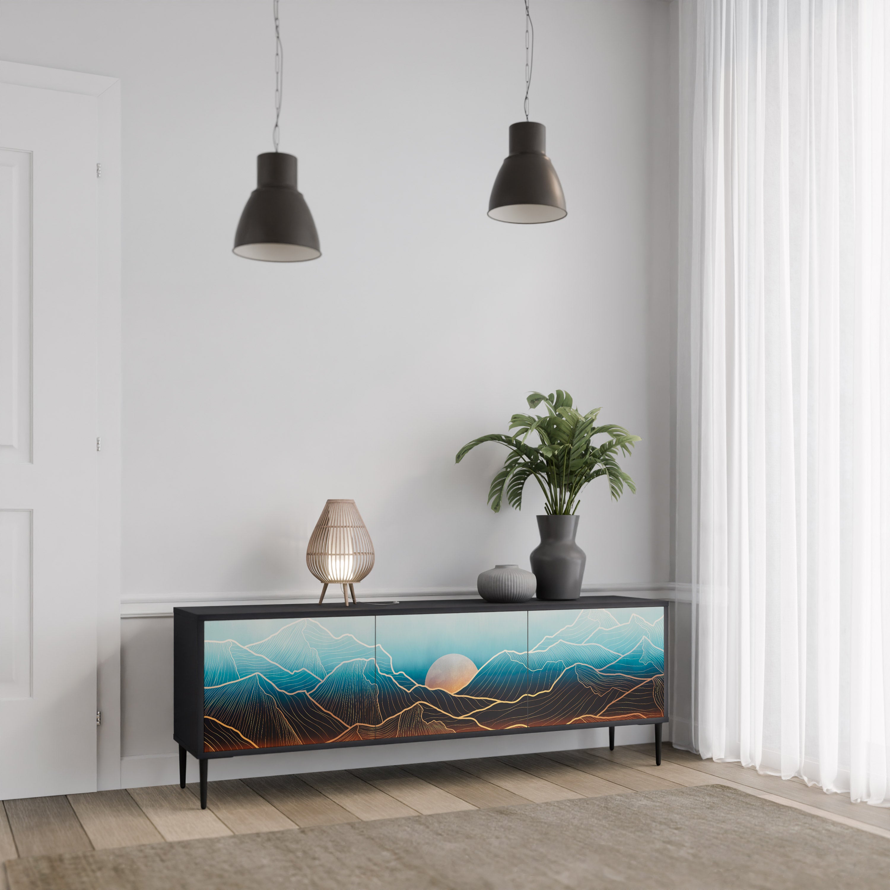Mueble de TV de 3 puertas LUNAR SECRETS en acabado negro