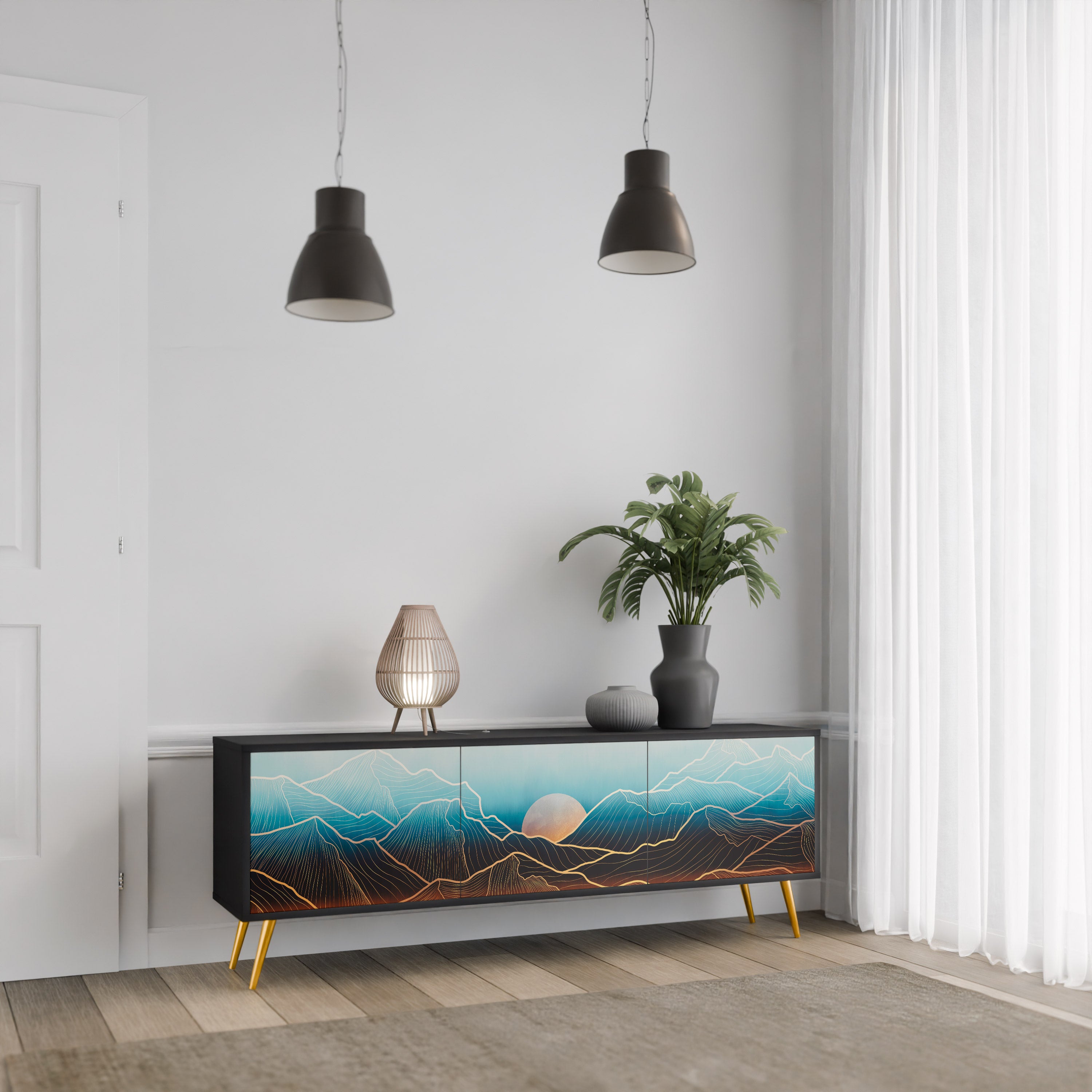 Mueble de TV de 3 puertas LUNAR SECRETS en acabado negro