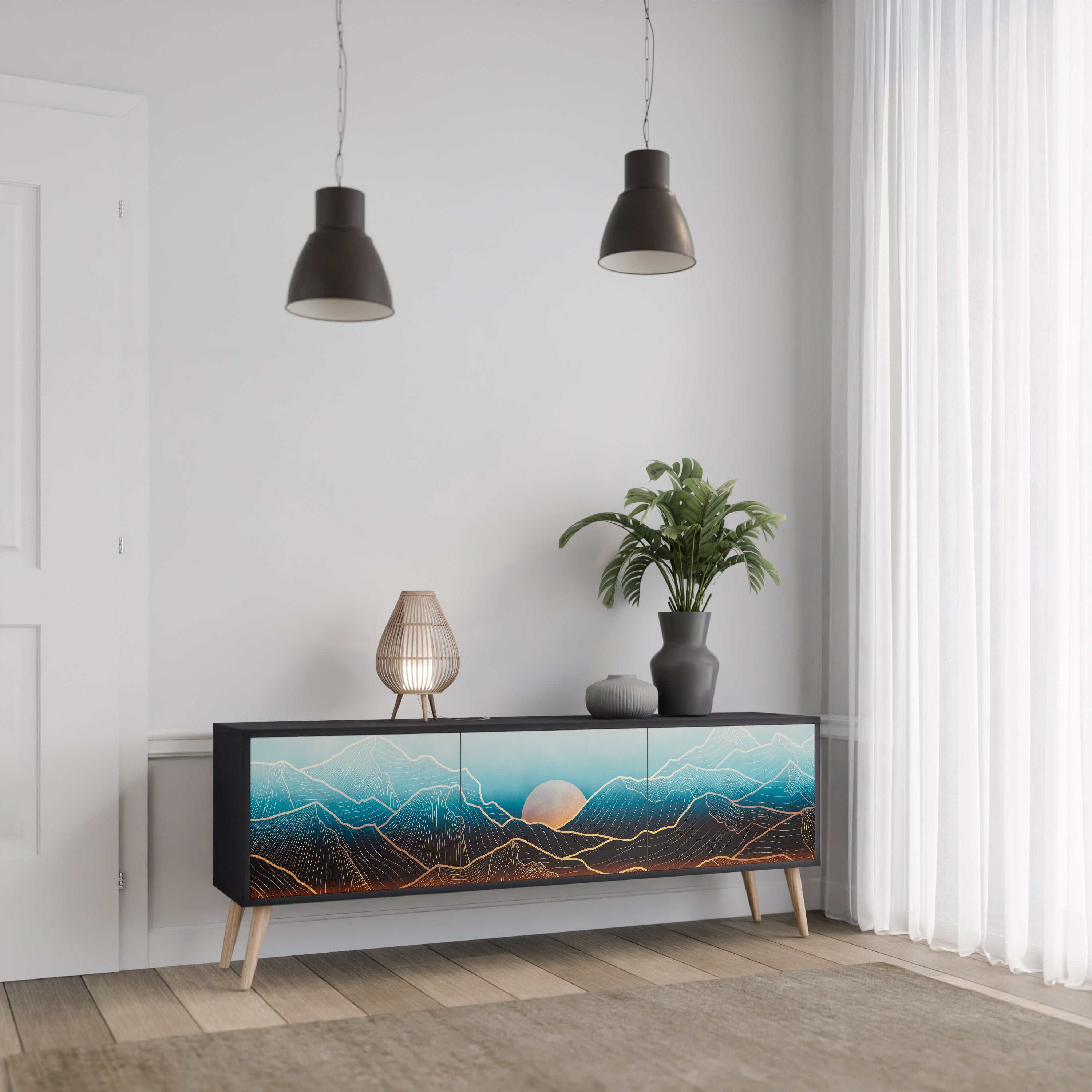 Mueble de TV de 3 puertas LUNAR SECRETS en acabado negro
