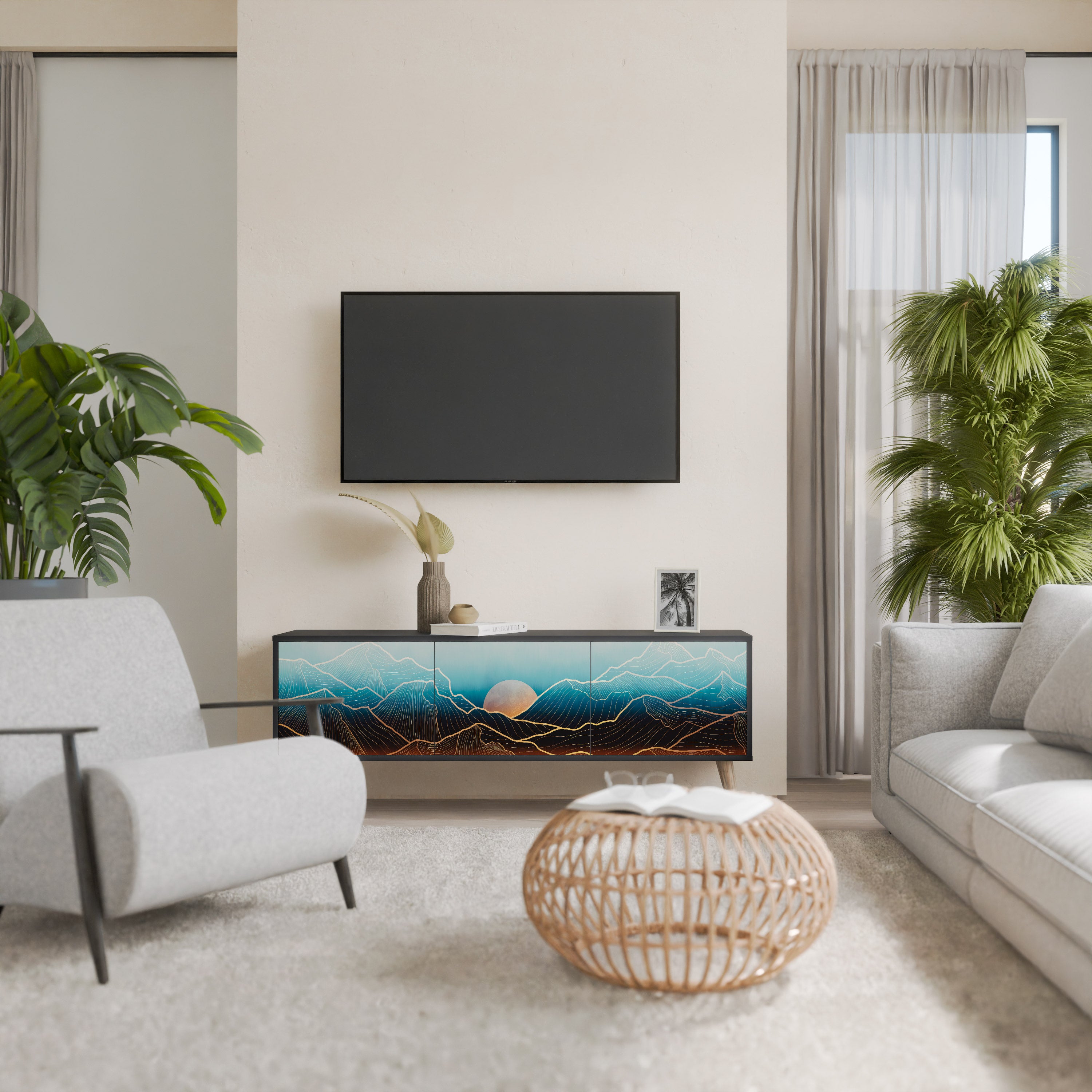 Mueble de TV de 3 puertas LUNAR SECRETS en acabado negro