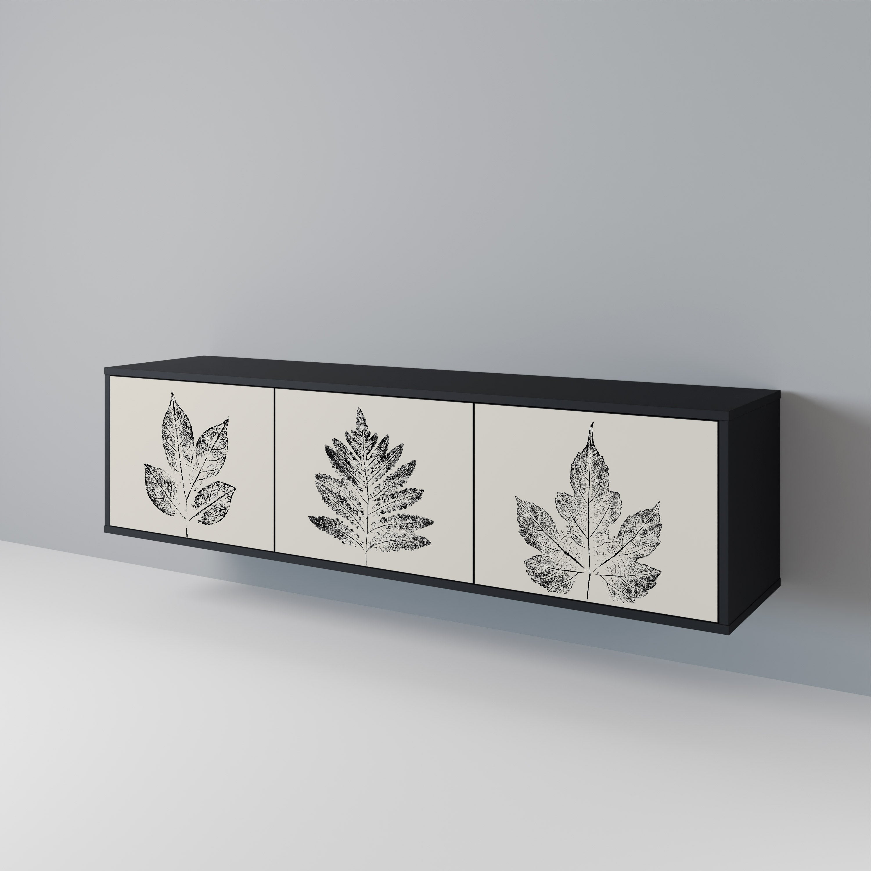 Mueble de TV de 3 puertas LEAFY STAMPS con acabado negro