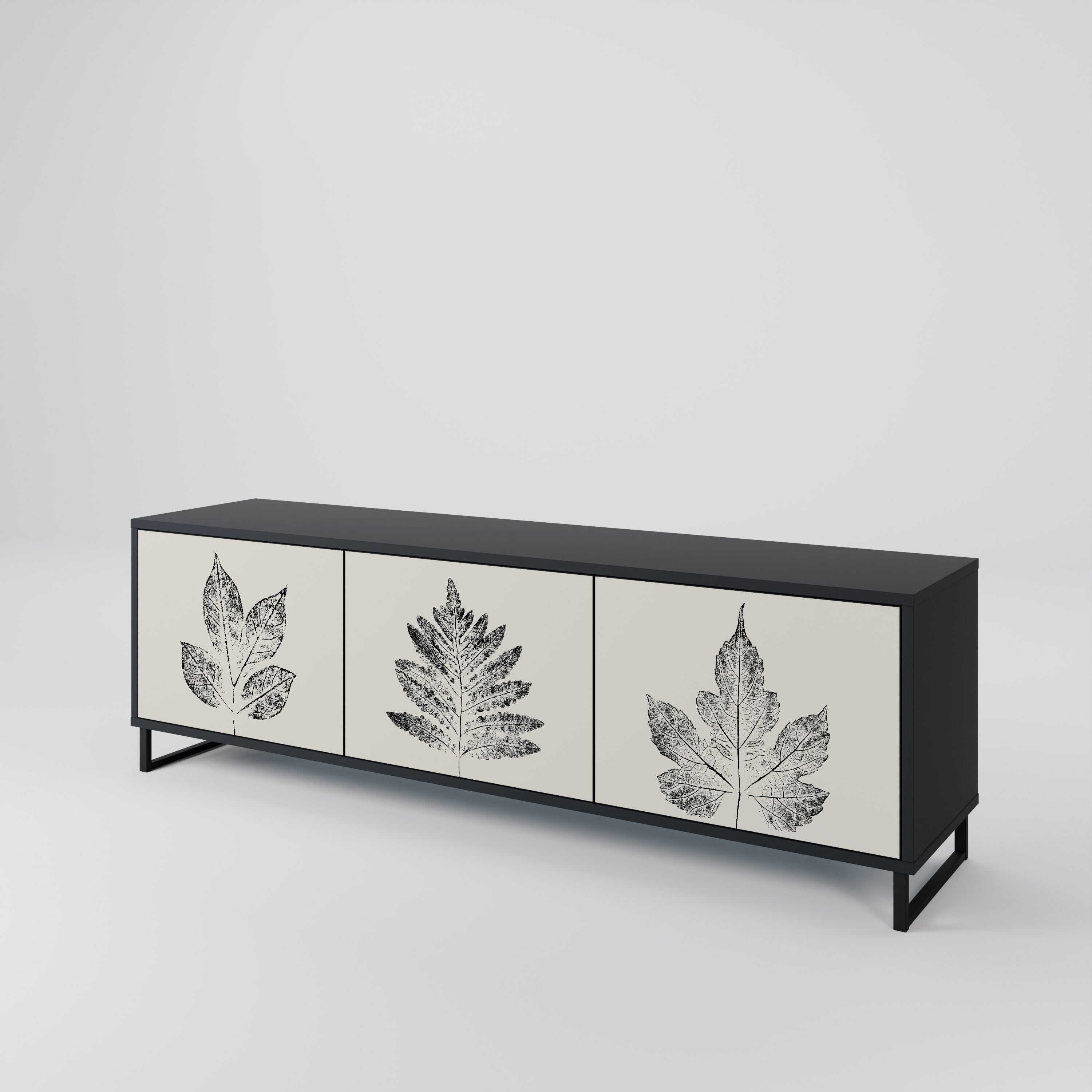 Mueble de TV de 3 puertas LEAFY STAMPS con acabado negro