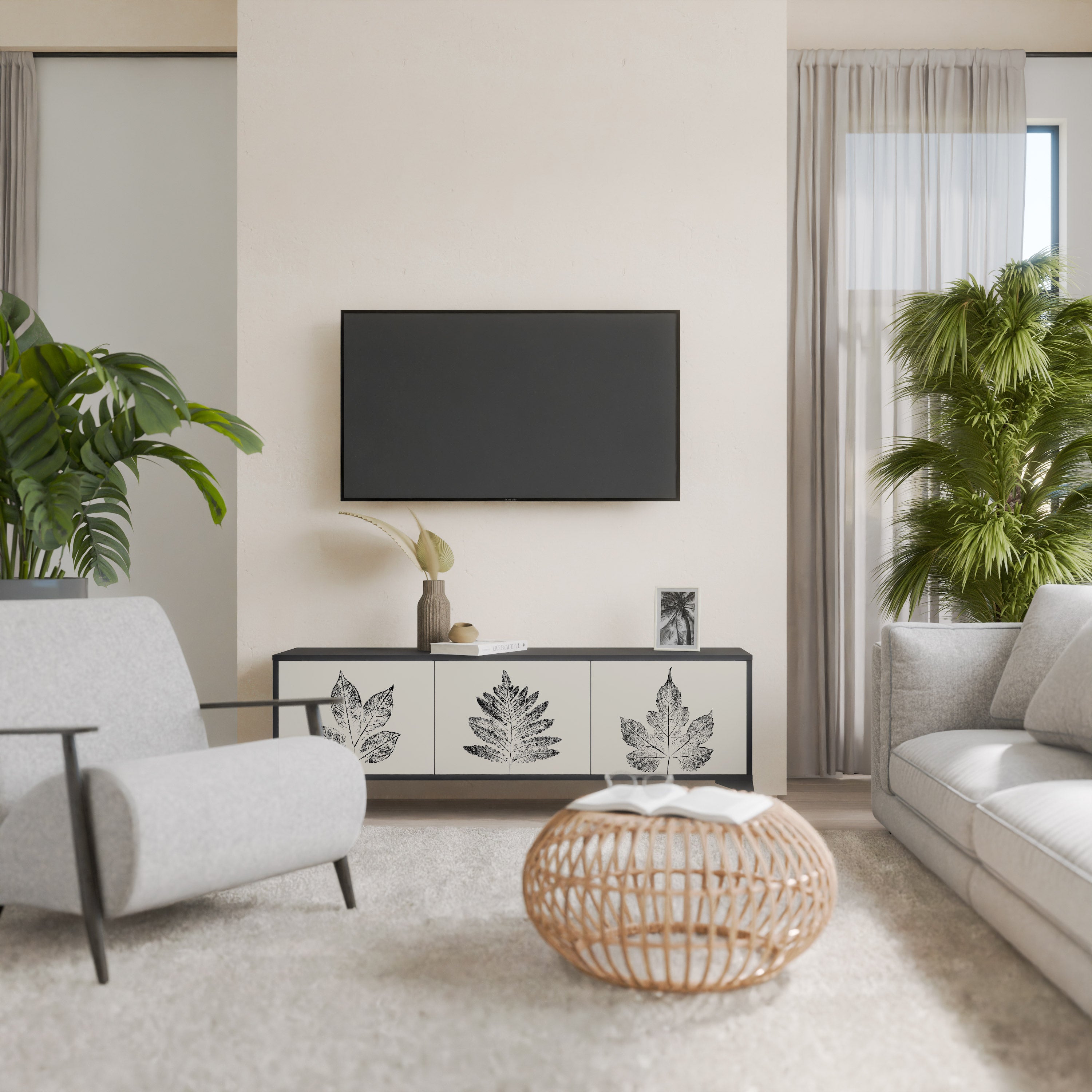 Mueble de TV de 3 puertas LEAFY STAMPS con acabado negro