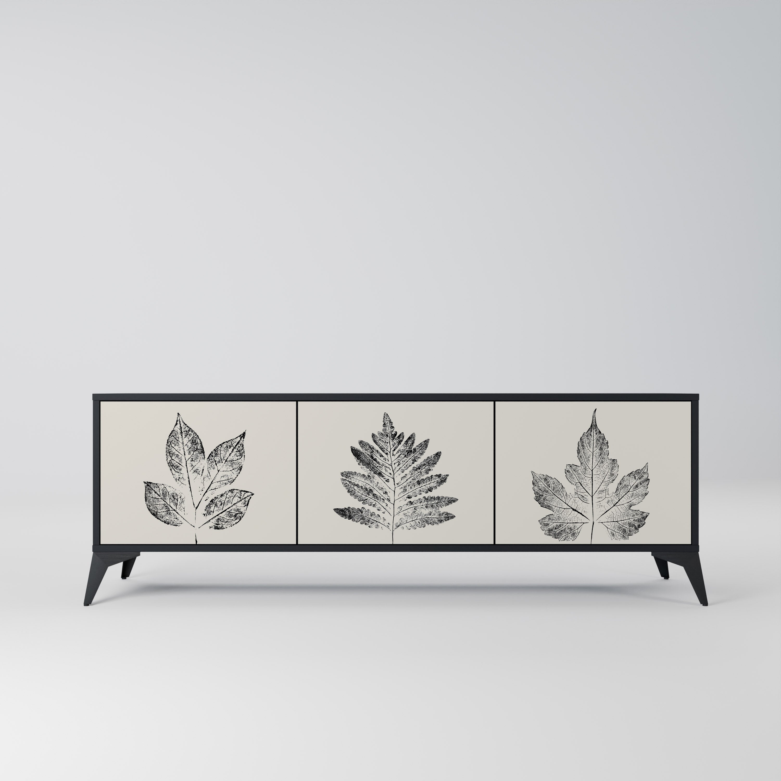 Mueble de TV de 3 puertas LEAFY STAMPS con acabado negro